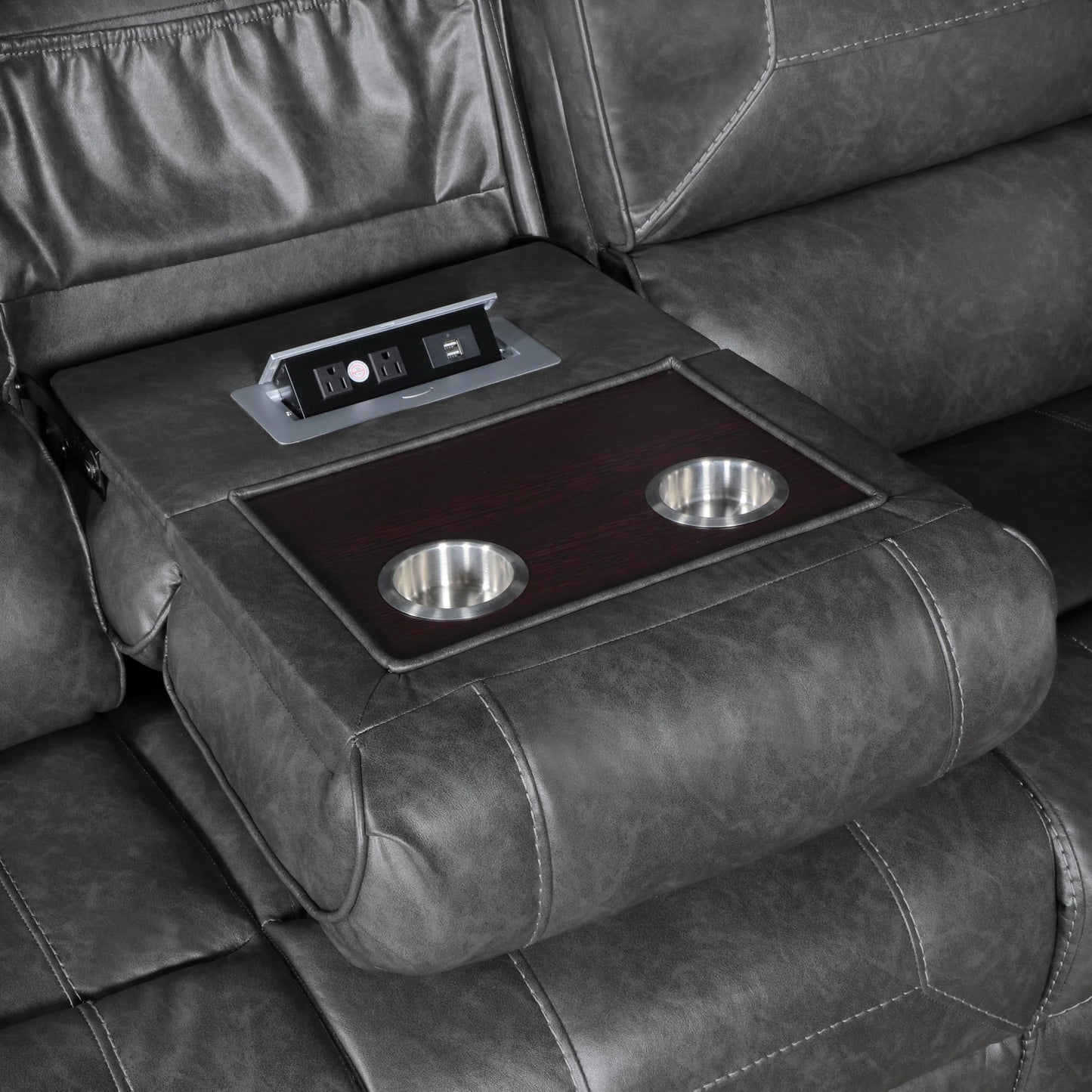 Lexicon Modern Double Recliner Sofa, Faux Leather Reclining Sofa with Nailhead, Center Drop-Down Cup Holders, Receptacles, USB Ports, Manual Recliner Couch Sofa for Living Room/Office/Apartment, Grey