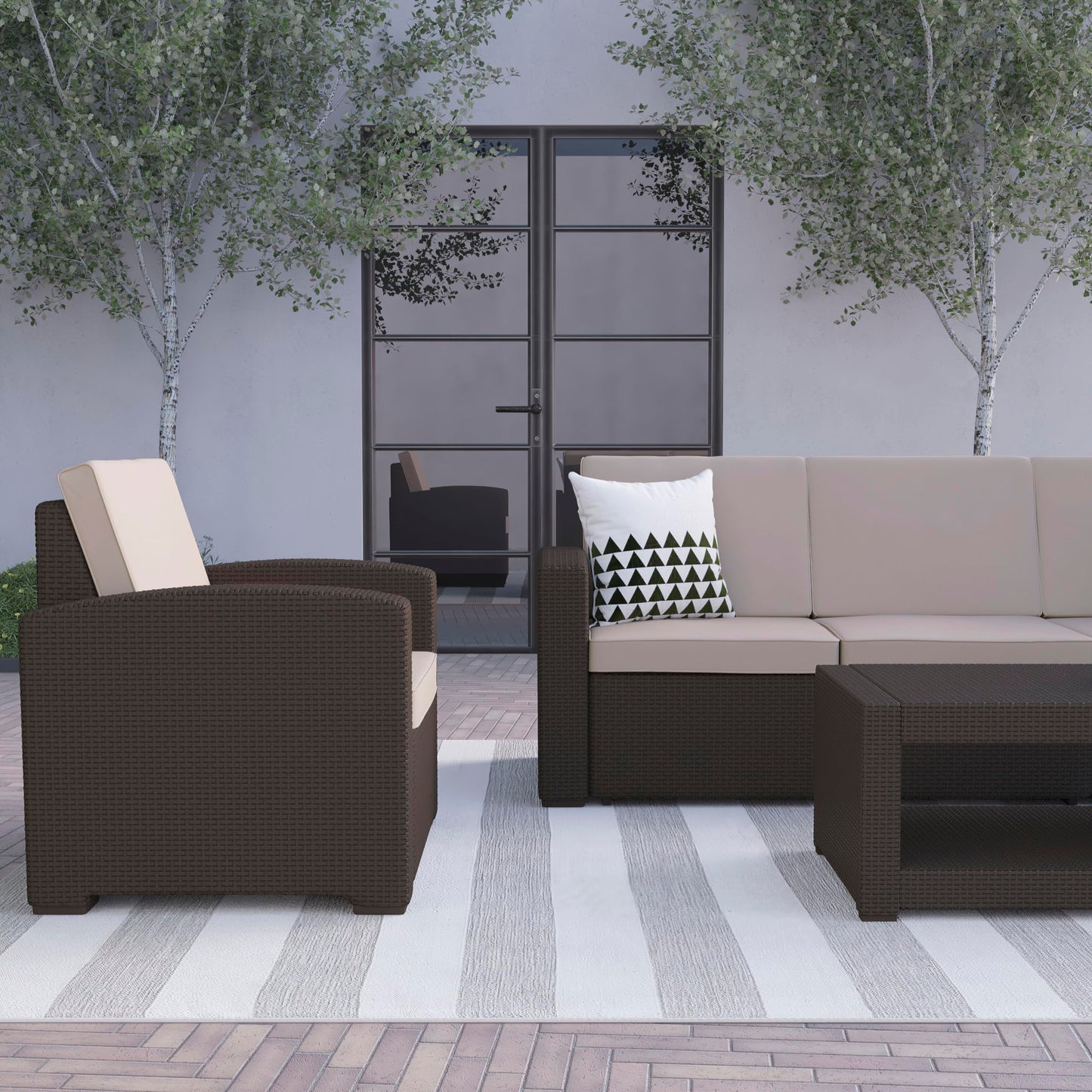 Flash Furniture 4 Piece Outdoor Faux Rattan Chair, Sofa and Table Set in Chocolate Brown