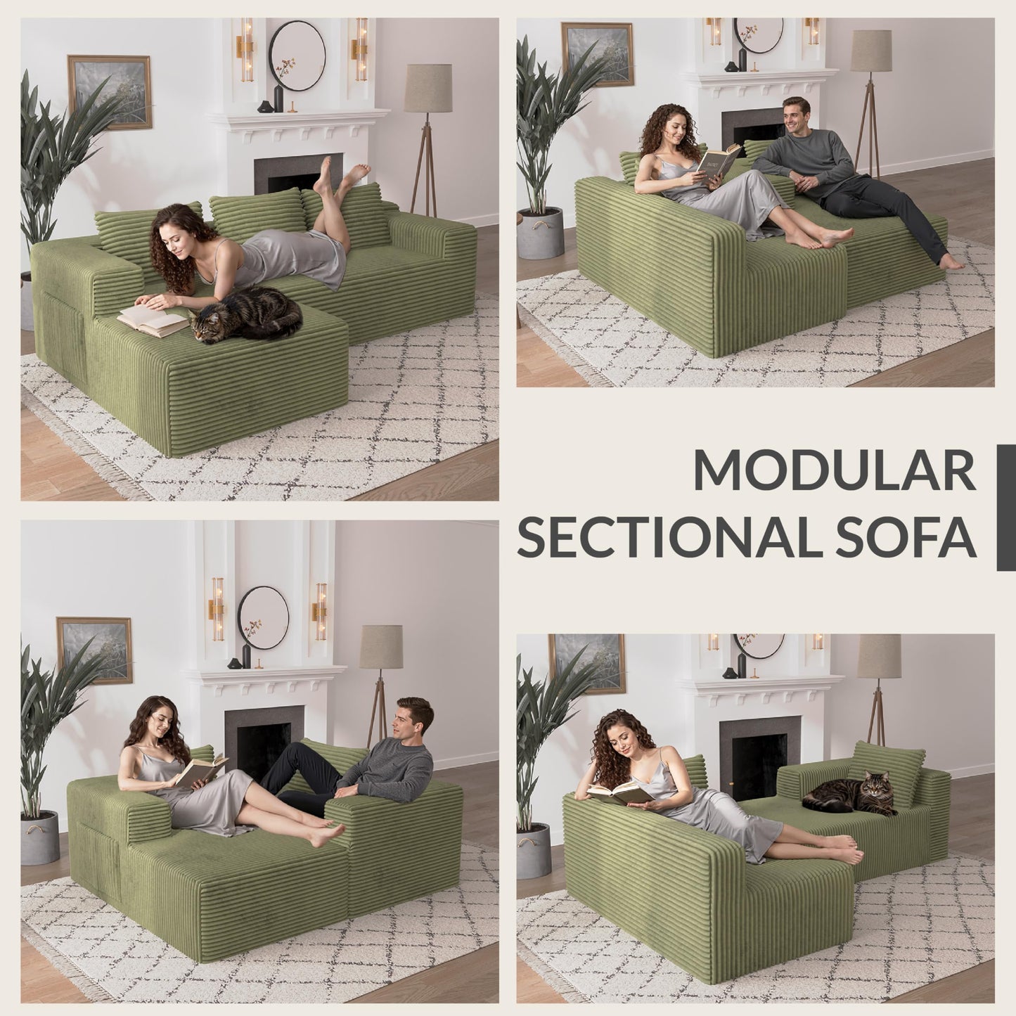 Attalee Modular Sectional Sofa for Living Room, L Shaped Compressed Corduroy Sectional Boneless Couches with Deep Seat and 4 Storage Pockets, Easy Assembly, Green