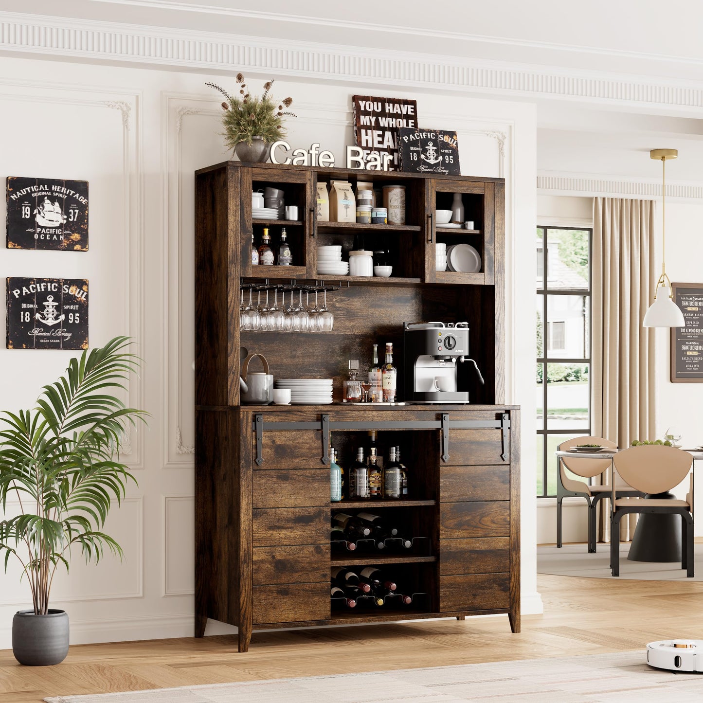 IDEALHOUSE 70'' Wine Coffee Bar Cabinet with Storage Hutch, Tall Kitchen Pantry Liquor Cabinet with Sliding Barn Doors, Bottle Glasses Rack, Farmhouse Buffet for Home Dining Room, Brown