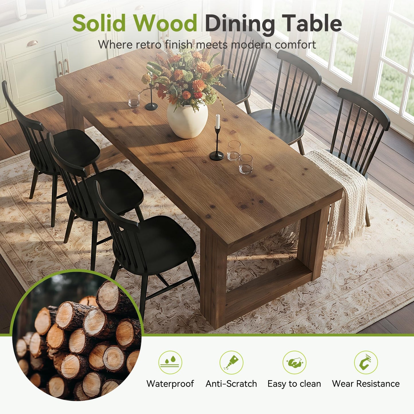 LITTLE TREE Solid Wood Dining Table, 61.8” Dining Table for 4-6 People, Rectangular Wood Kitchen Table, Farmhouse Dinner Table with U-Shaped Legs for Kitchen, Dining Room, Kitchen, Rustic Brown