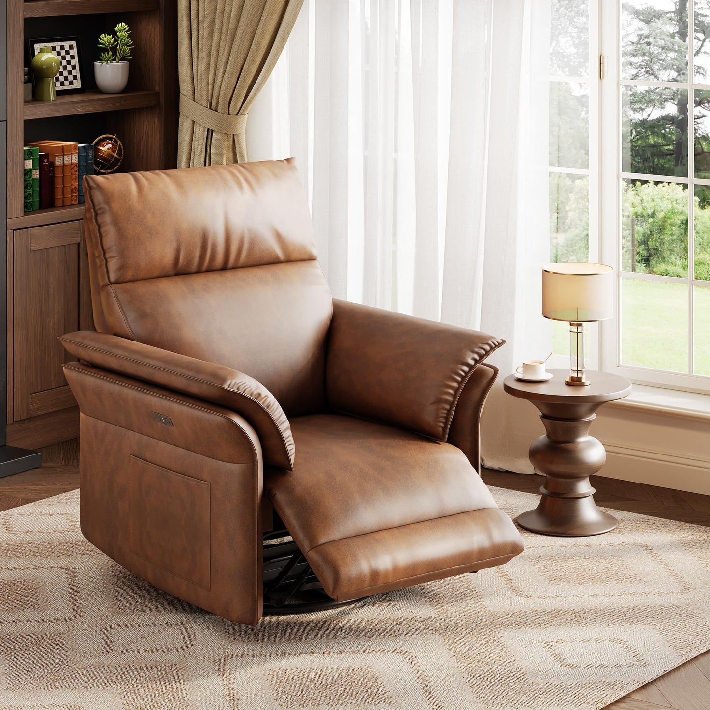 GarveeHome Power Recliner Chair, 270 °Swivel Rocking Glider with USB Charging Port, PU Leather Upholstered Fabric and Double-Layer Armrests, Nursery Chair for Living Room, Nursery (Wanult)