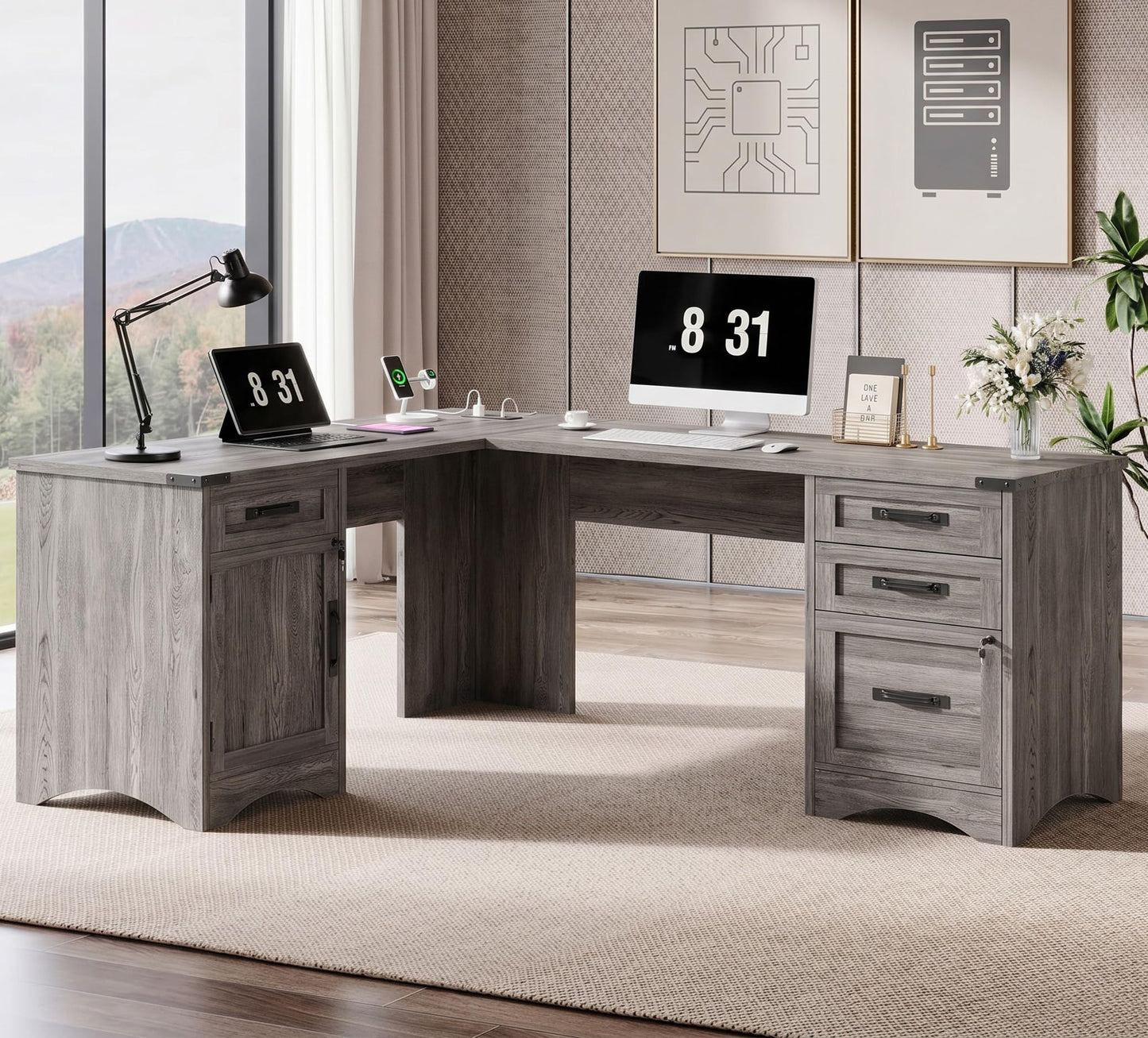 Decofy 67" Farmhouse L Shaped Standing Desk with Drawers Home Office Executive Desks with Fast Charging Station, Lockable File Cabinet, Wood Writing Computer Desk for Work, Study, Grey