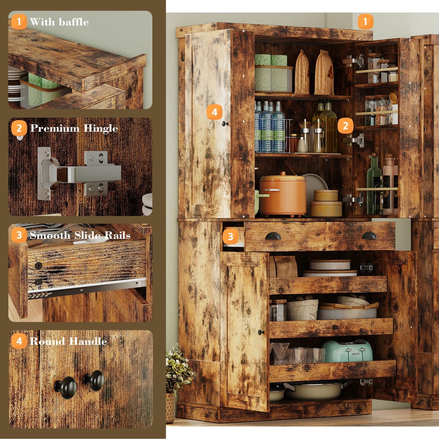 IRONCK Kitchen Pantry Cabinet 72" Height, Freestanding Cupboard with Drawer, Sliding Storage Rack, and 6 Hanging Shelves for Dining Room, Laundry, Living Room, Vintage Brown