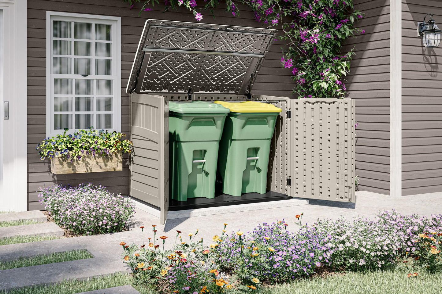 Suncast 5.9 ft. x 3.7 ft Horizontal Stow-Away Storage Shed - Natural Wood-Like Outdoor Storage for Trash Cans and Yard Tools - All-Weather Resin, Hinged Lid, Reinforced Floor - Made in the USA