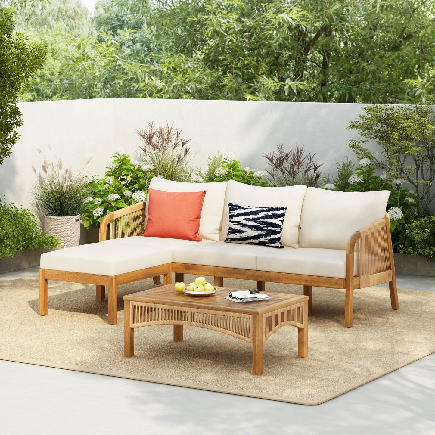 Christopher Knight Home Havets 3 Pieces Acacia Wood Patio Furniture Set, Faux Rattan Sofa and Coffee Table, Outdoor Conversation Sets with 6" Thick Cushions for Backyard Garden Balcony, Teak+Beige