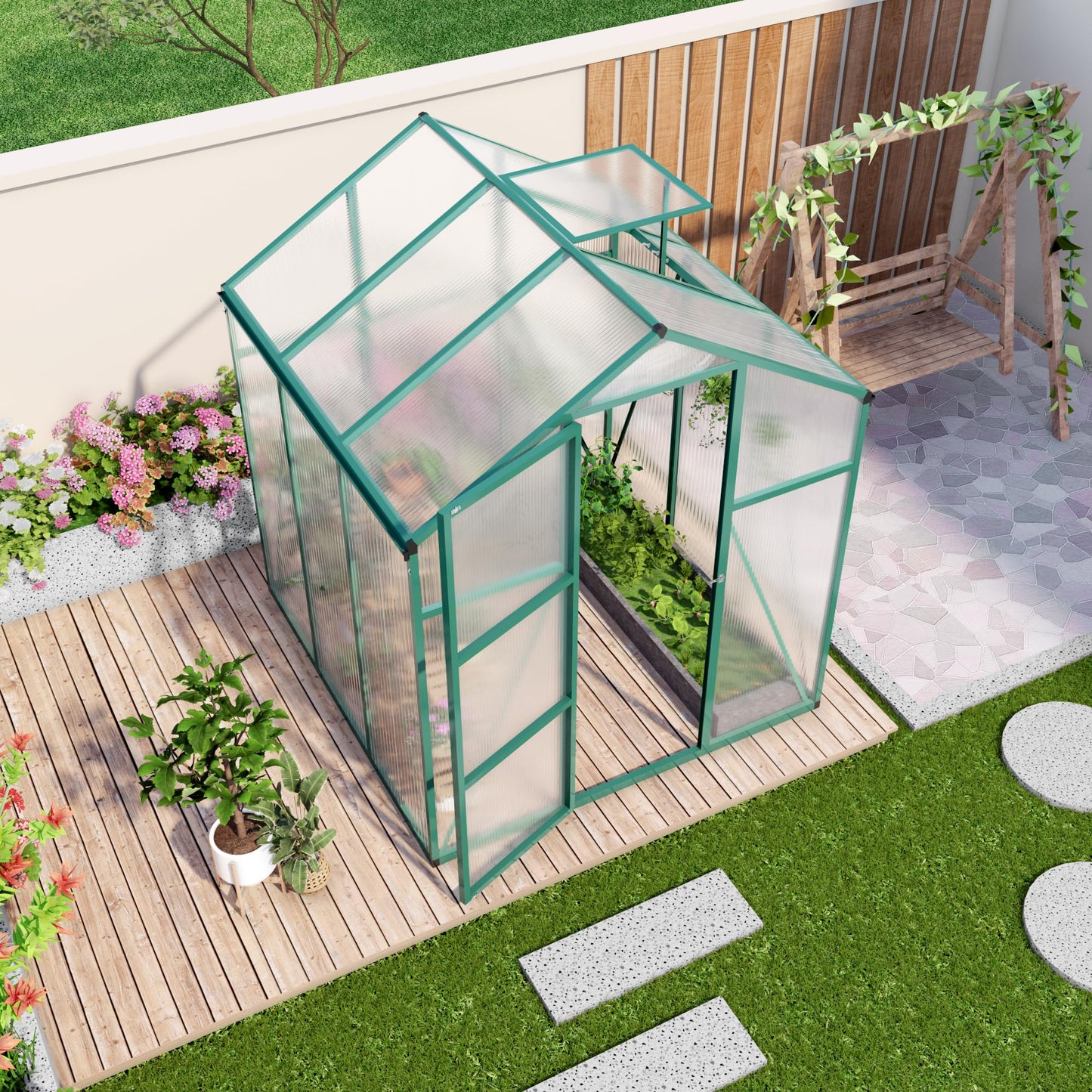 6x10FT Walk-in Polycarbonate Greenhouse Kit, Heavy Duty Aluminum Alloy Frame Green House with Ventilation & Drainage System, UV Resistant Plant Shelter Outdoor Garden Backyard All Season Use