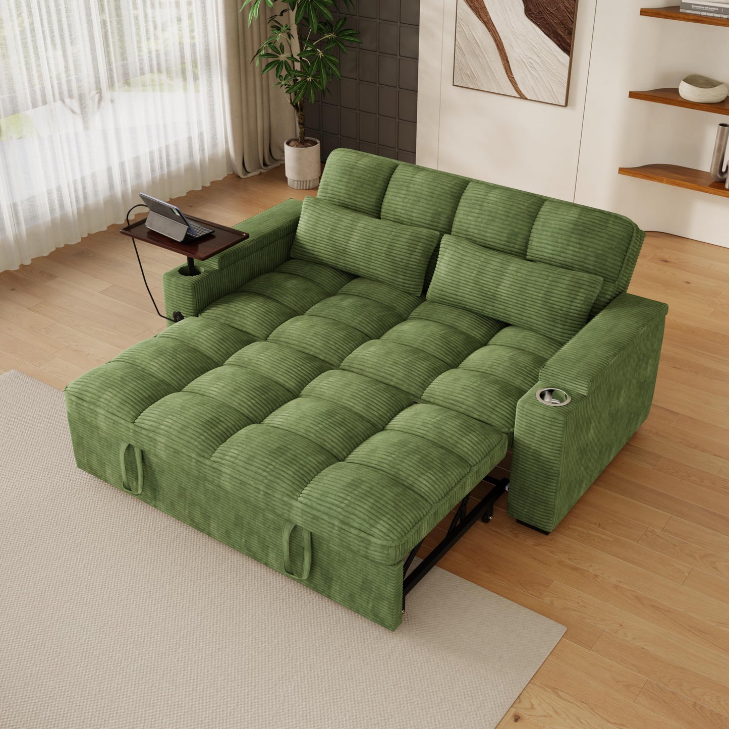KEIKI 65" 3-in-1 Pull-Out Sofa Bed, Convertible Corduroy Sleeper Couch with Adjustable Backrest, USB Charging Ports & Storage Arms, Compact Futon Sofa for Guest Rooms, Studios & Small Living Spaces