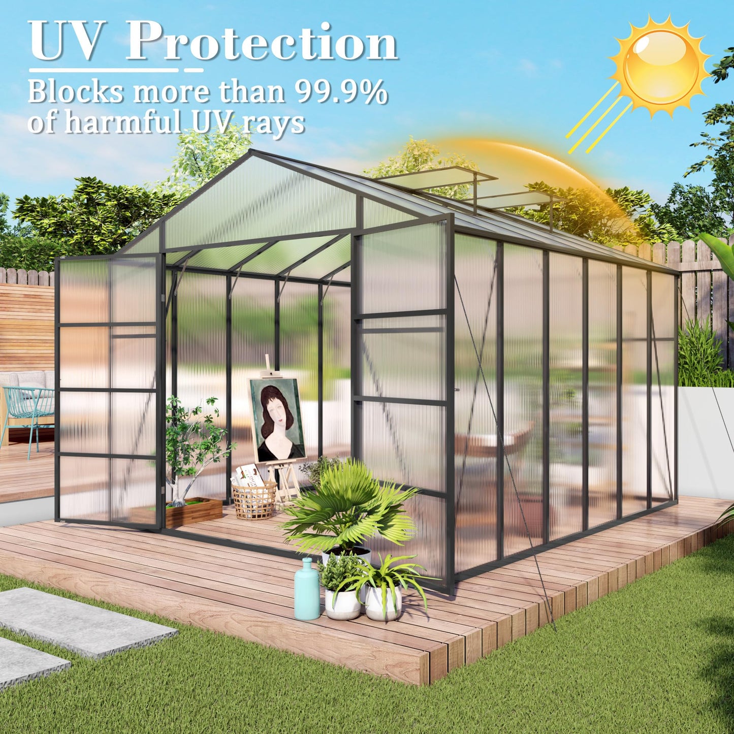 KEIKI 10x12 FT Polycarbonate Greenhouse for Outdoors, Heavy-Duty Aluminum Walk-in Greenhouse with Raised Base, Roof Vent & Drainage System, All-Season Garden Greenhouse, Black