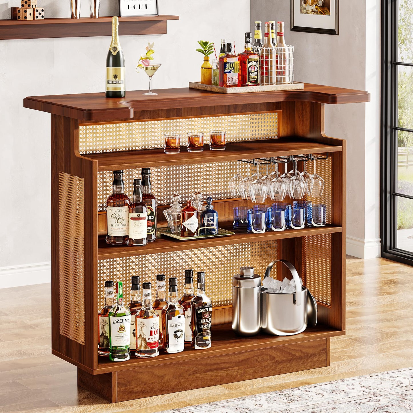 Tribesigns Rattan Home Bar Unit, Farmhouse 4-Tier Bar Table with 4 Stemware Racks and Heightened Base, Liquor Wine Bar Cabinet Mini Bar Table for Home Pub, Caramel Brown
