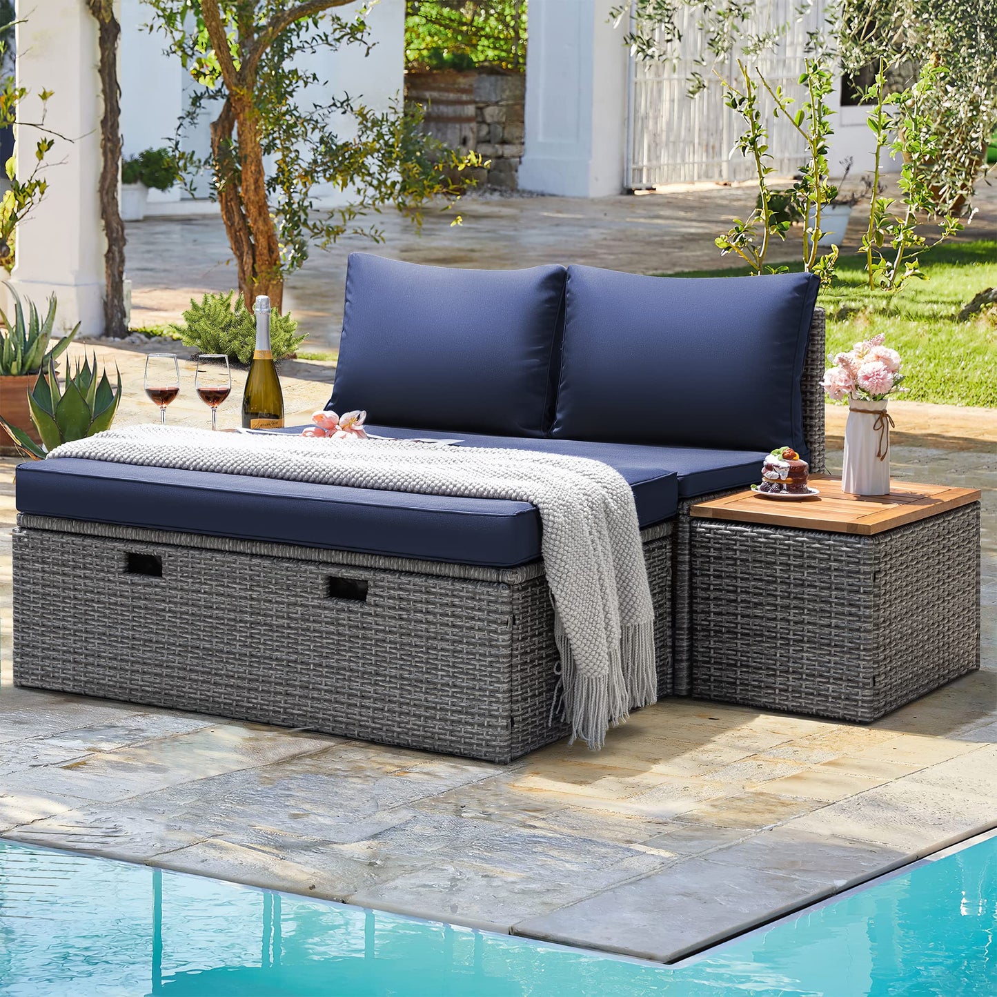 Greesum Patio Furniture Set Multifunctional Outdoor Sectional Sofa Rattan Chaise Lounge Wicker Daybed with Couch, Cushions, Storage Ottoman and 2 Side Tables for Backyard Porch Poolside Lawn,Blue