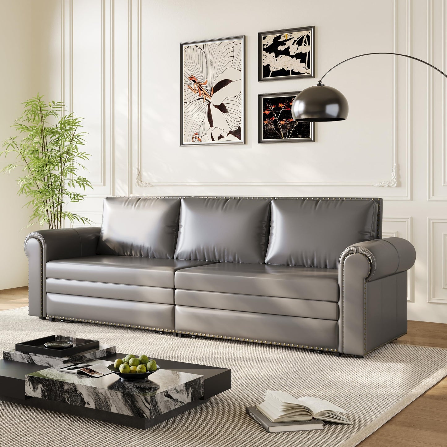 KEIKI 94" Upholstered Faux Leather Chesterfield Sofa with Rolled Arms, 3-in-1 Convertible Sleeper Sofa Bed for Living Room, Bedroom, Office, King Size Pull Out Bed, Charcoal Gray