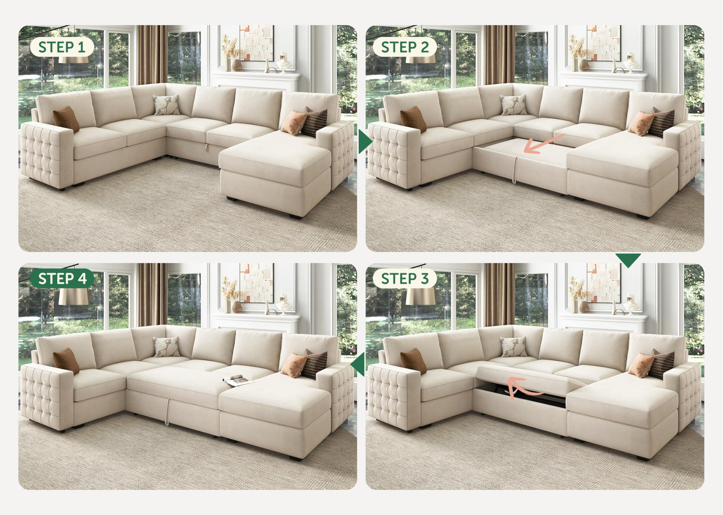 HONBAY Sectional Sleeper Sofa with Pull-Out Bed Storage Chaise, 6 Seaters Couch for Living Room, Beige