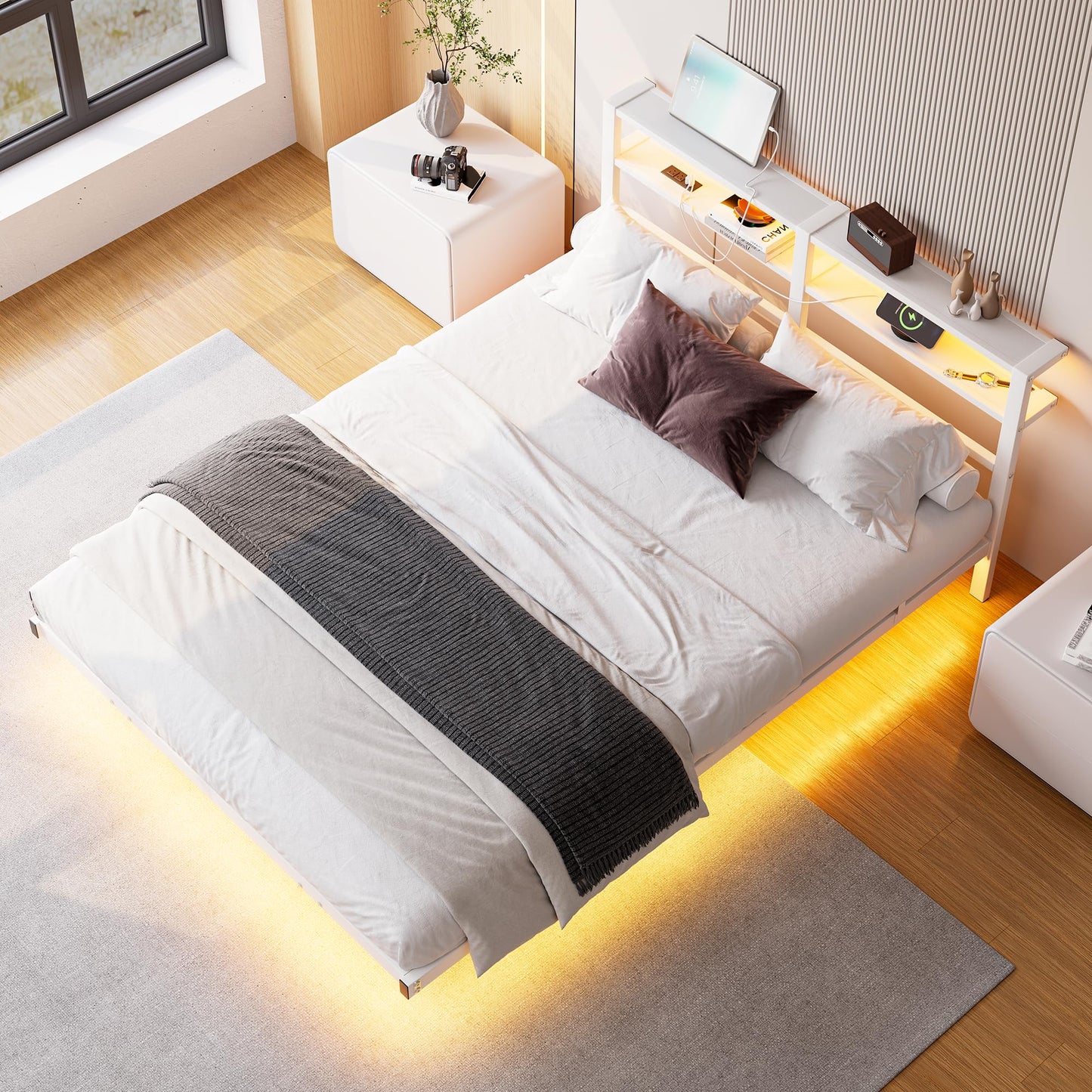 HAHRIR Floating Queen Bed Frame with LED Lights & USB Charging Station, Metal Platform Bed with Two Storage Shelves, Heavy Duty Noise-Free Slats,White