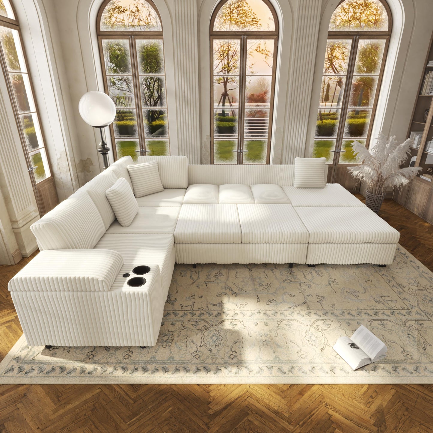 KEIKI 110" L-Shaped Oversized Plush Corduroy Modular Sectional Sofa with Pull-Out Bed, Convertible 6-Seater Sleeper Couch Bed with 1 Ottomans & USB & Cup Holders, Easy Assembly, for Living Room, Beige