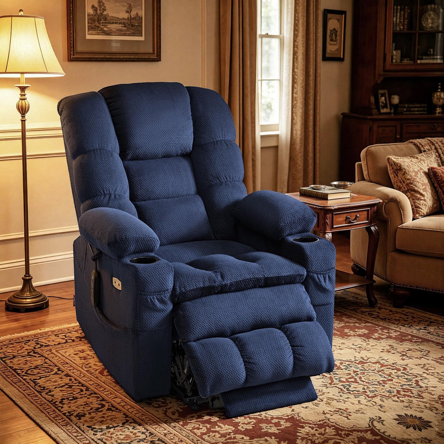 MCombo Triple Motor Lay Flat Power Lift Recliner Chair for Tall Elderly, Infinite Position, Massage, Dual Heating, Adjustable Headrest, Fabric 7634 (Navy Blue, Large)