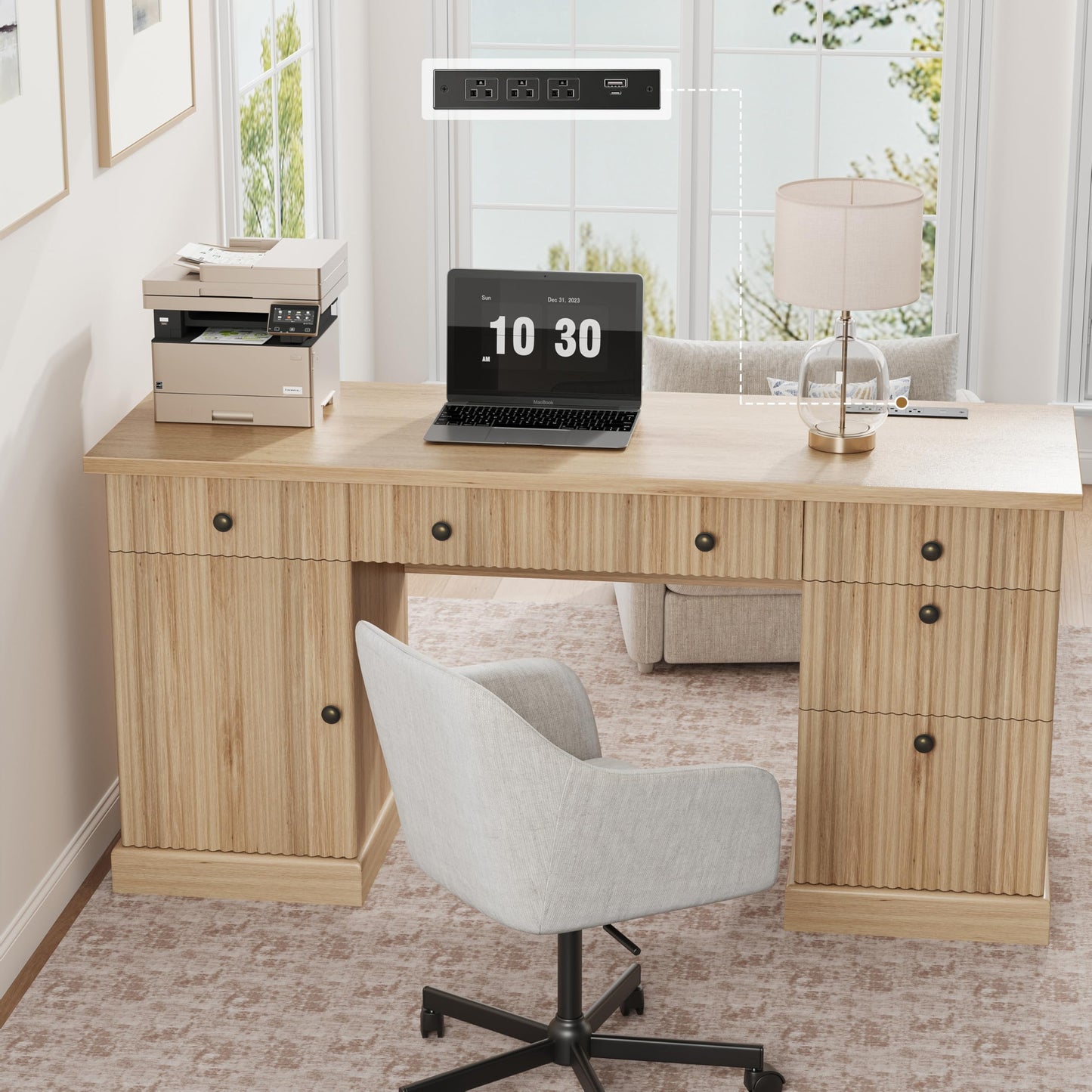 Garvee 60" Office Desk with Storage & Drawers. Fluted Wood Computer Desk with Power Outlet & Adjustable Shelves.Modern Executive Desk for Home Office/Bedroom/Gaming-Burlywood