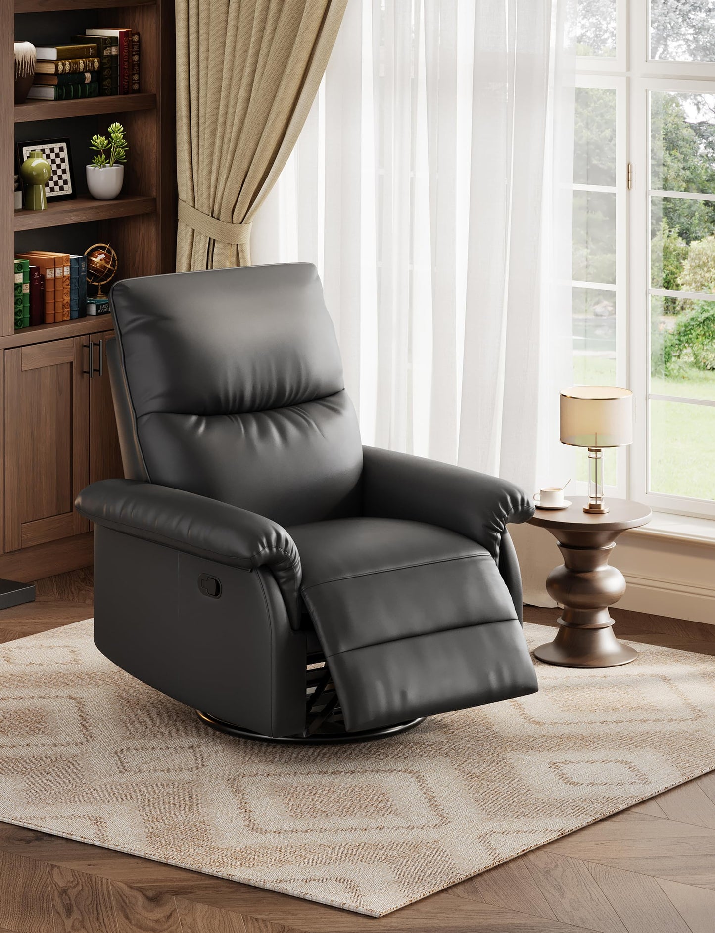 GAOMON Swivel Rocking Recliner Chair, Manual Leather Recliner Glider with Lumbar Support & Padded Armrest, Comfortable Rocker Nursery Single Sofa for Living Room and Bedroom (Black)