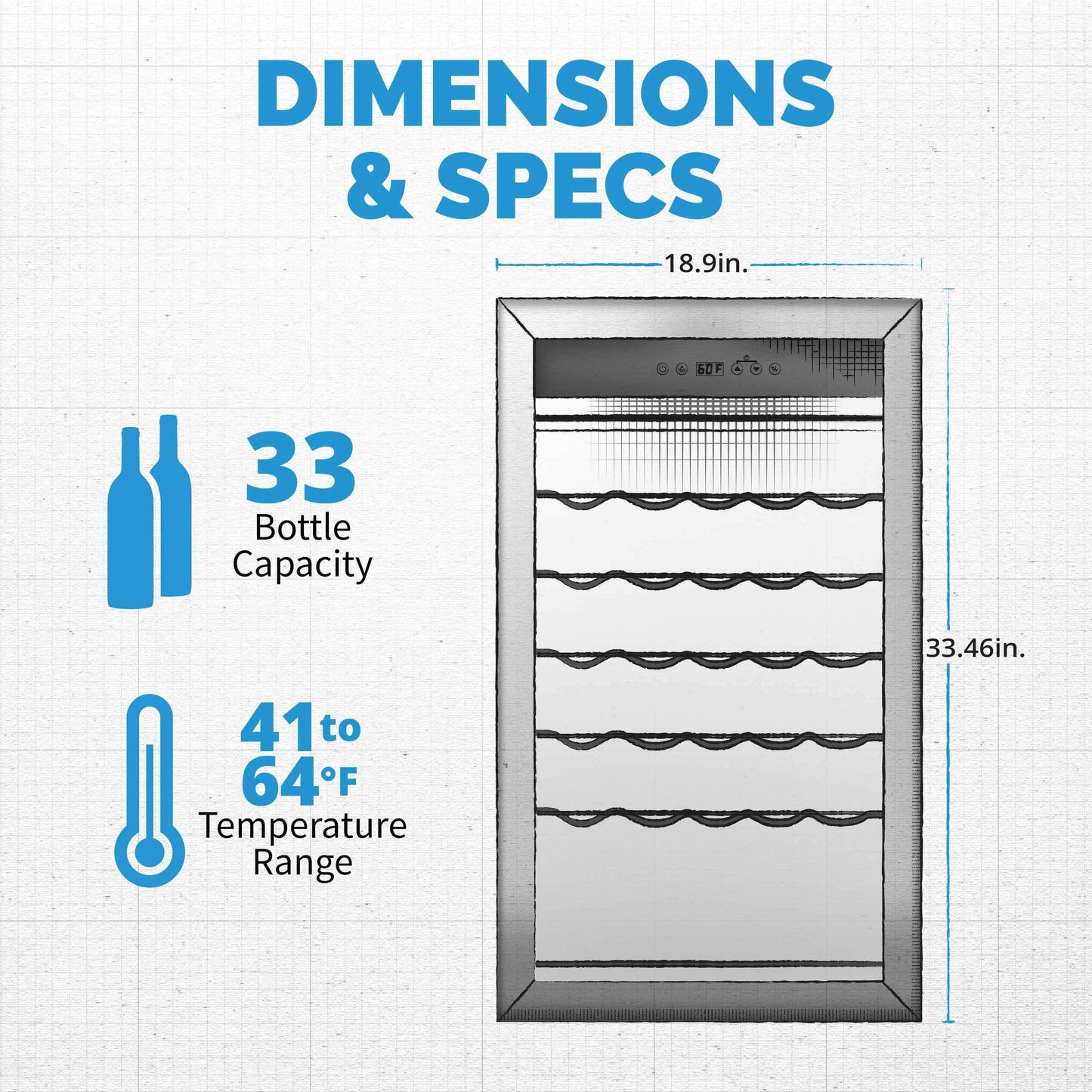 NewAir 33 Bottle Wine Fridge, Freestanding or Built-In Refrigerator, Stainless Steel Cooler, UV Protected Glass Door with Recessed Handle, Digital Thermostat