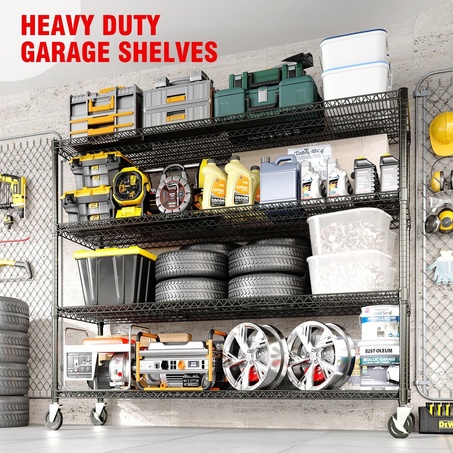 PeakPursuit 74" Heavy-Duty Metal Garage Shelving with Wheels, 4-Tier