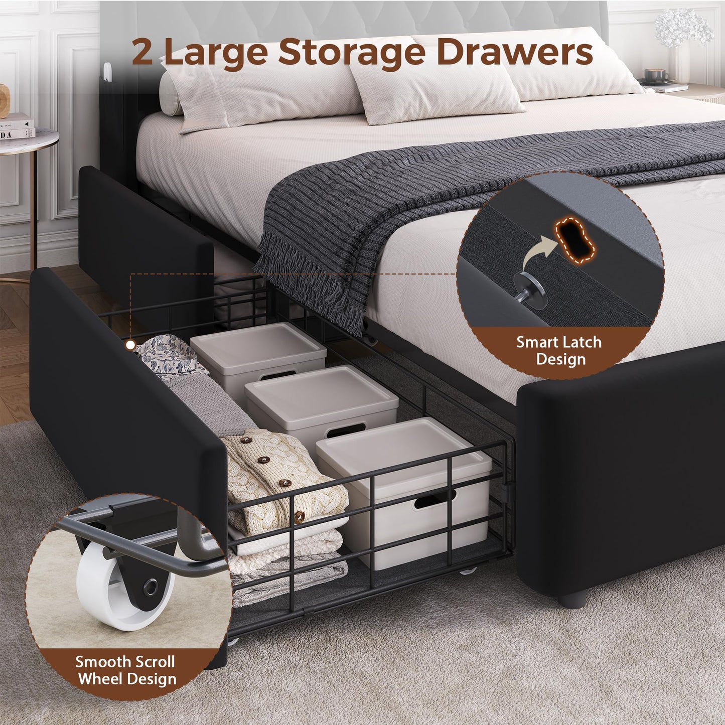 Full LED Velvet Bed Frame with 2 Storage Drawers&Hidden Headboard, Upholstered Platform Bed with Charging Station&Button Tufted Design, Wooden Slats Support, Box Spring Optional, Easy Assembly, Black