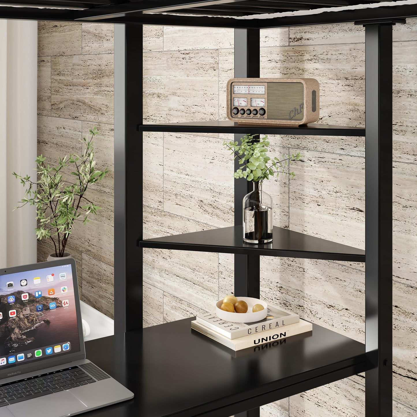 Sailret Full Metal Loft Bed with Desk, Pegboard and Display Shelves, Space-Saving Frame with Ladder and Full-Length Guardrails, Space-Saving Bed for Bedroom, Black (Mattress Not Included)