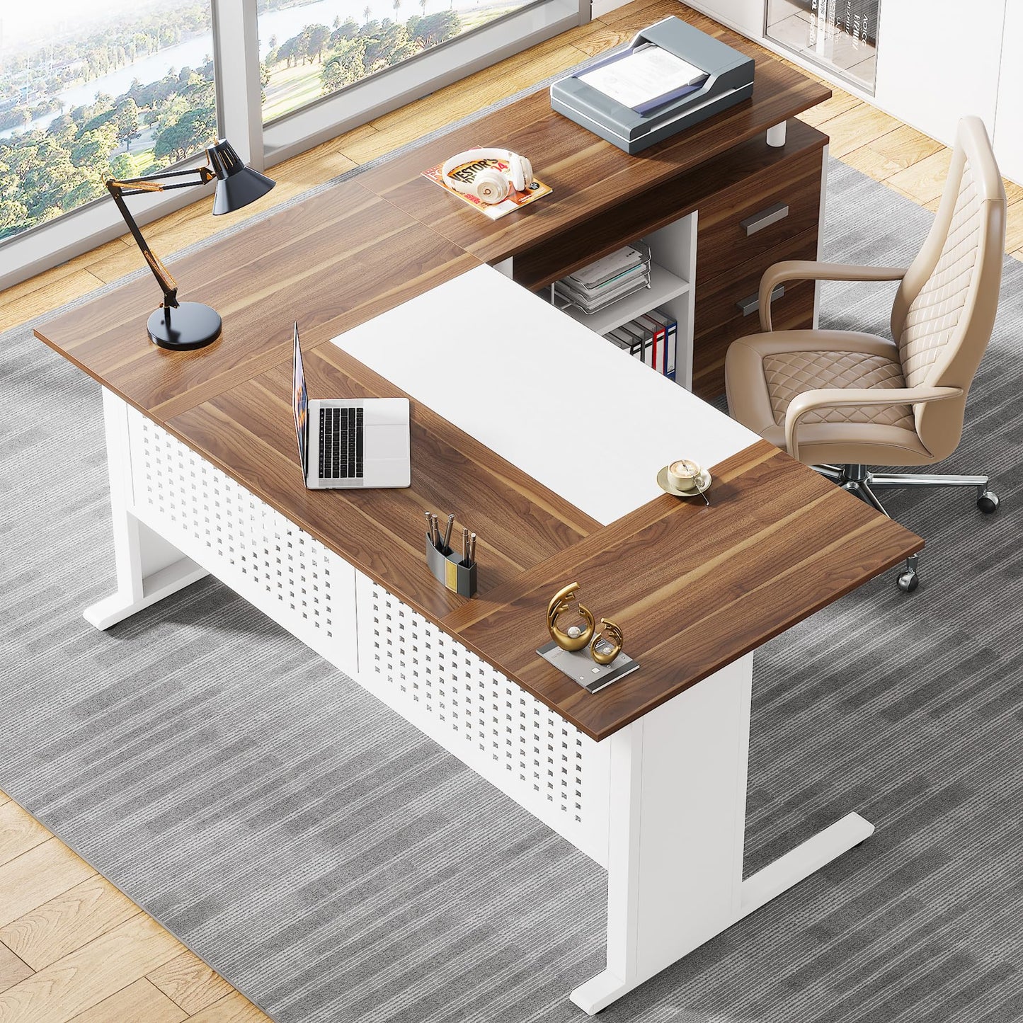 Tribesigns 63 Inch Executive Desk with File Cabinet, L Shaped Office Desk with Drawers and Storage Shelves, Business Furniture Set Workstation for Home Office, White and Walnut