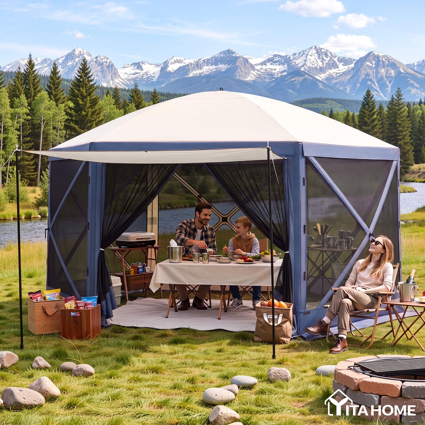 YITAHOME 12x12ft Camping Gazebo, Portable Pop Up Canopy Outdoor Screen Tent 6 Sided with Mesh Windows and Carry Bag for Camping, Picnic, Backyard Party Outside Activities, Gray