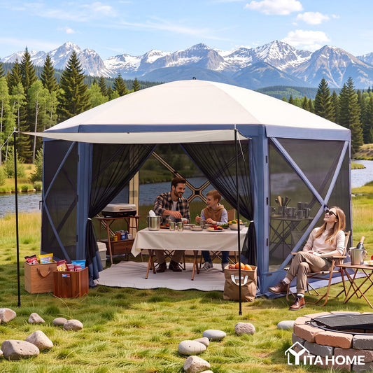 YITAHOME 12x12ft Camping Gazebo, Portable Pop Up Canopy Outdoor Screen Tent 6 Sided with Mesh Windows and Carry Bag for Camping, Picnic, Backyard Party Outside Activities, Gray