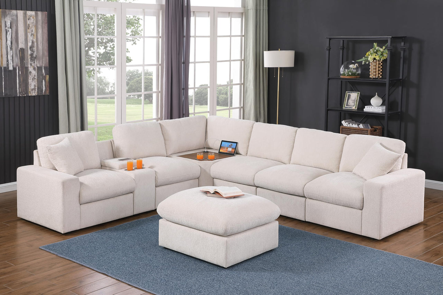 Ball & Cast 127" Oversized Modular Sectional Sofa L-Shaped,Large Chenille Upholstered Couch 7 Seat with Ottoman,Cup Holders & USB Ports,Comfty Sectionals W/Pillows & Storage Box,for Living Room,Beige