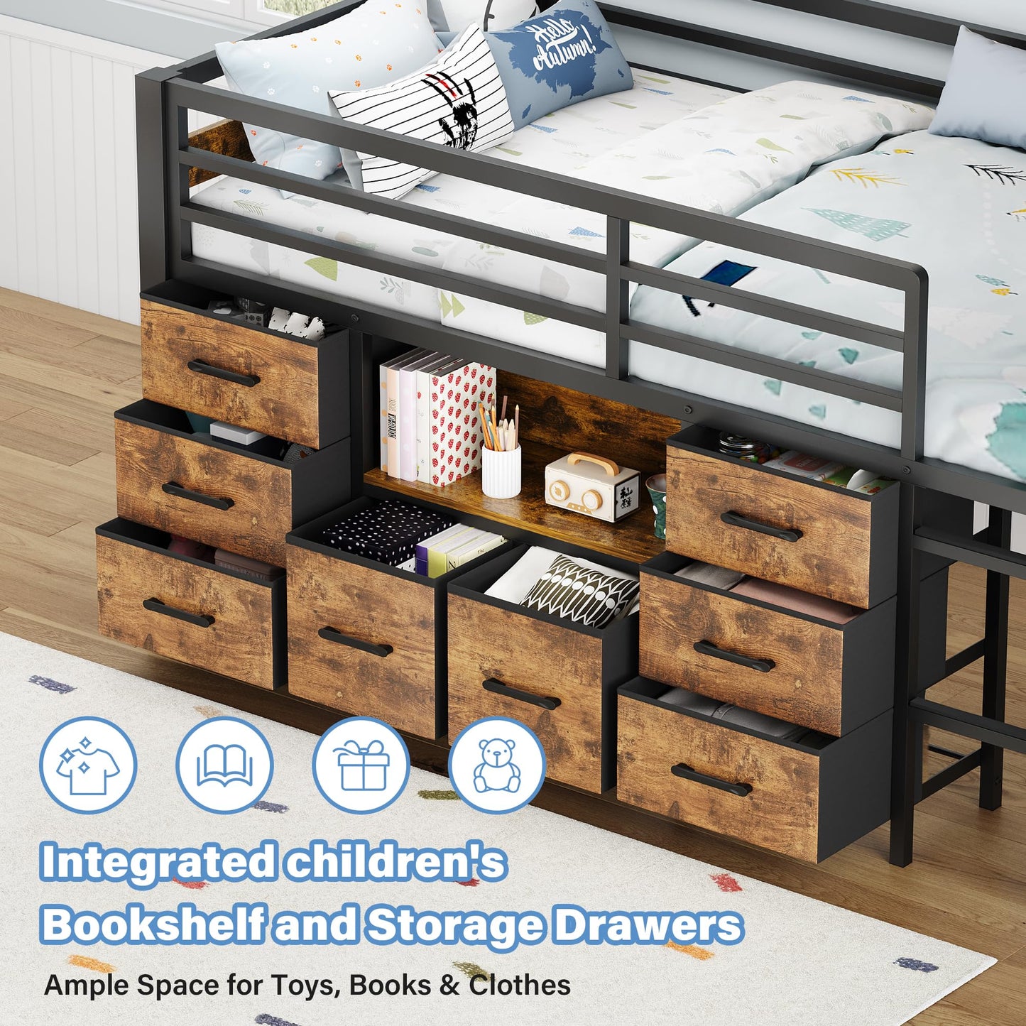iPormis Low Loft Bed Twin Size with Bookcase, 8 Storage Drawers, Metal Kids Loft Bed with 13 Inch H Safety Guardrail, Play Curtain, Under-Bed Play Space - Rustic Brown