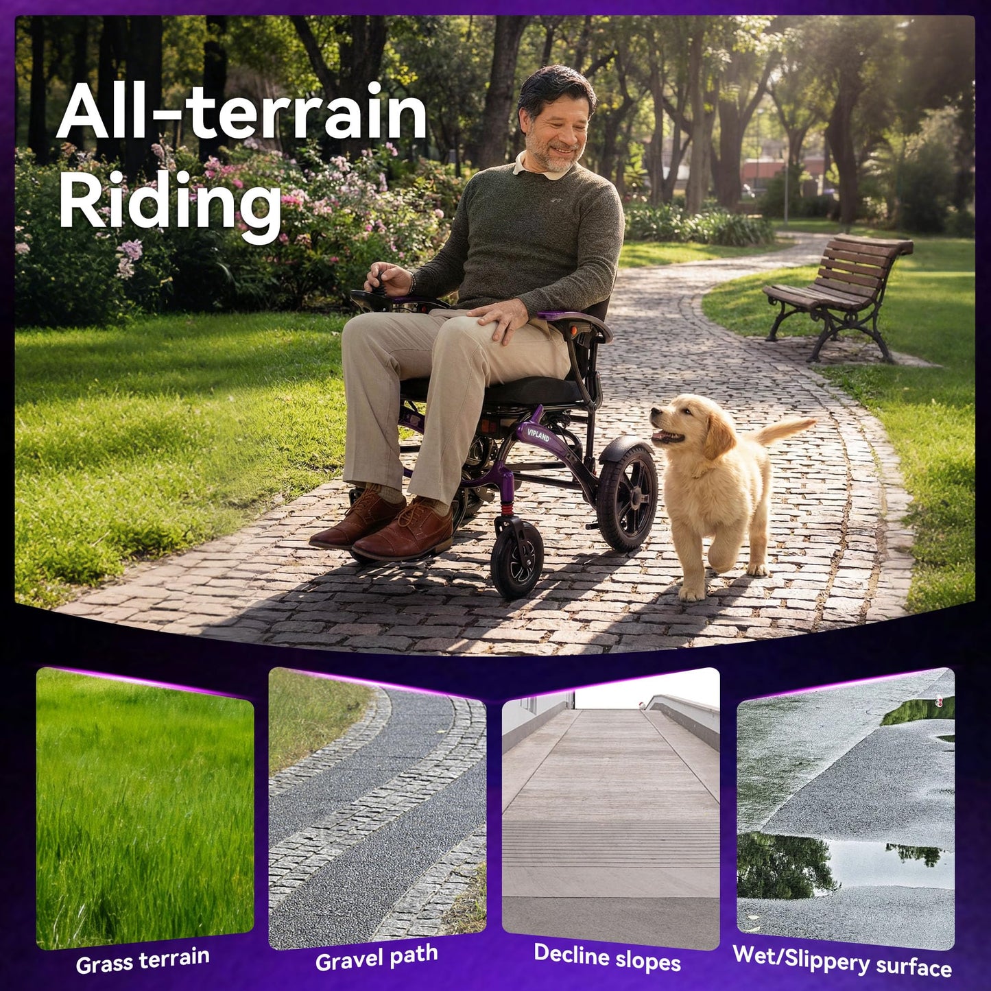 VIPLAND Carbon Fiber Electric Wheelchairs for Adults, Lightweight Foldable Motorized Wheelchair,15 Miles Range, All Terrain Airline Approved, 500W Brushless Motors with Tail Light, Only 44lb, Purple