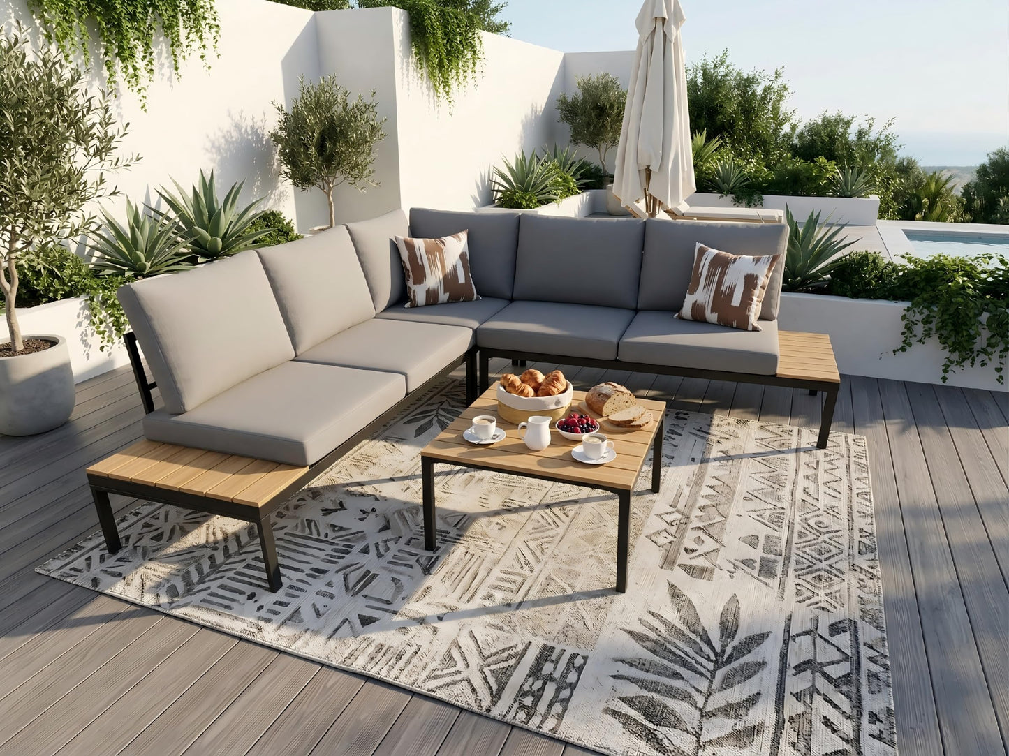 KEIKI 4-Piece L-Shaped Outdoor Patio Furniture Set, Rattan Patio Conversation Set with Coffee Table & 1 Corner Sofa & 2 Double Sofa, Wicker Curved Sectional Sofa Set, for Backyard, Light Gray