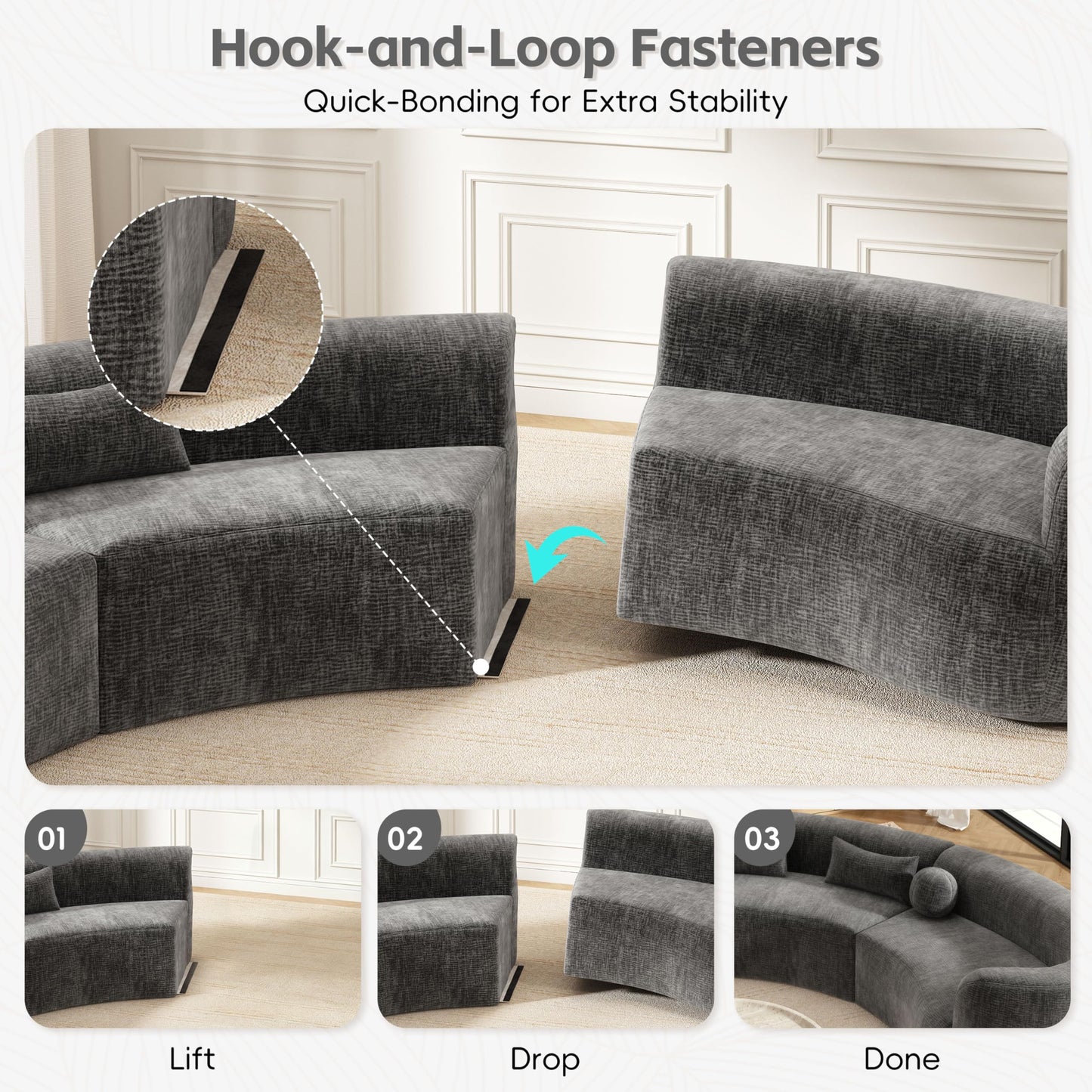 Merax 153" Chenille Modular Sectional Sofa Set, 6 Seat Curved Frameless Oversized Cloud Couch with 4 Pillows, Free Combination Hook & Loop, Fully Compressed, No Assembly for Living Room, Gray