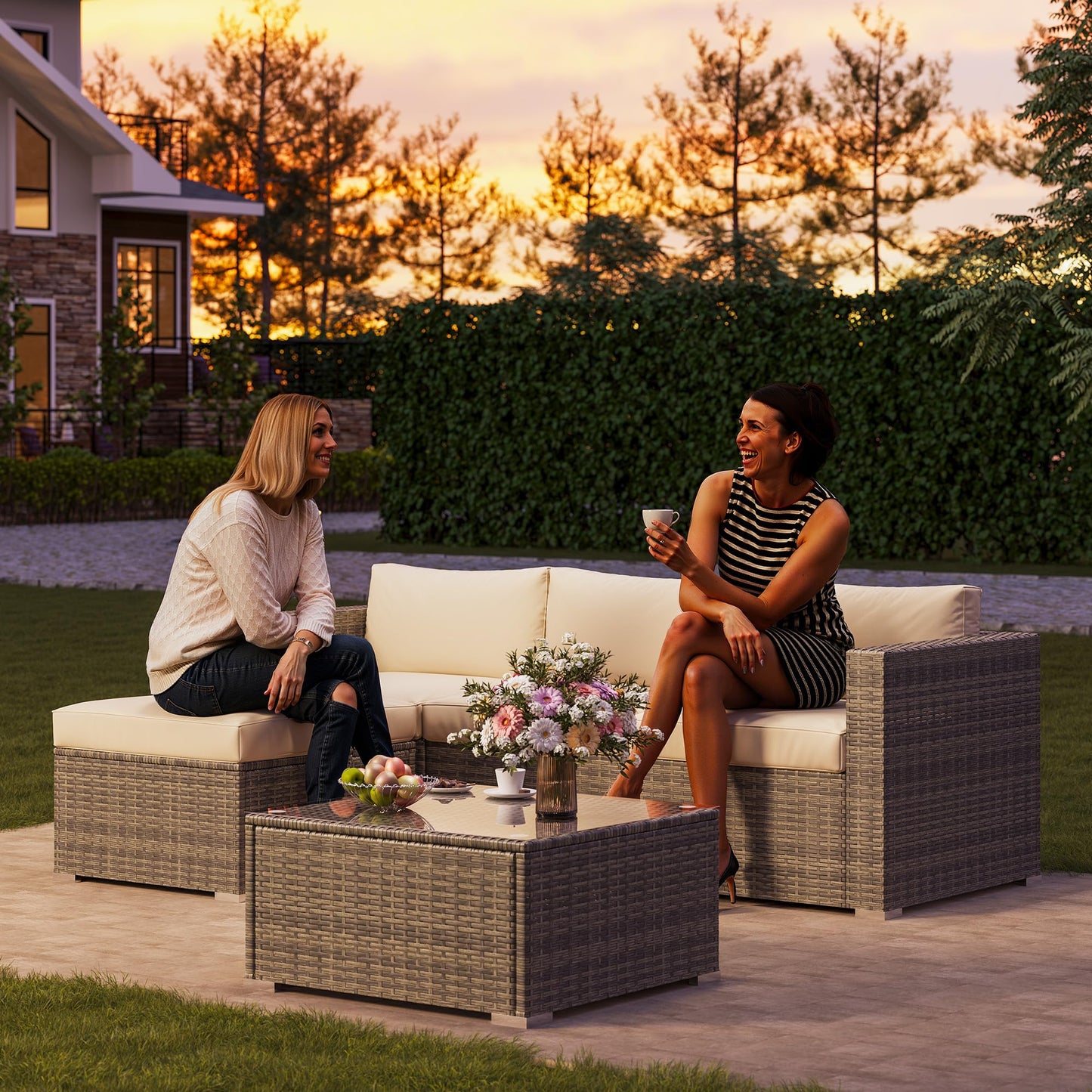 SUNVIVI OUTDOOR Outdoor Patio Furniture Set, 5 Piece Patio Conversation Set, Waterproof Wicker Patio Furniture Set, All Weather Combination Patio Conversation Sets with Cushions and Glass Table, Beige