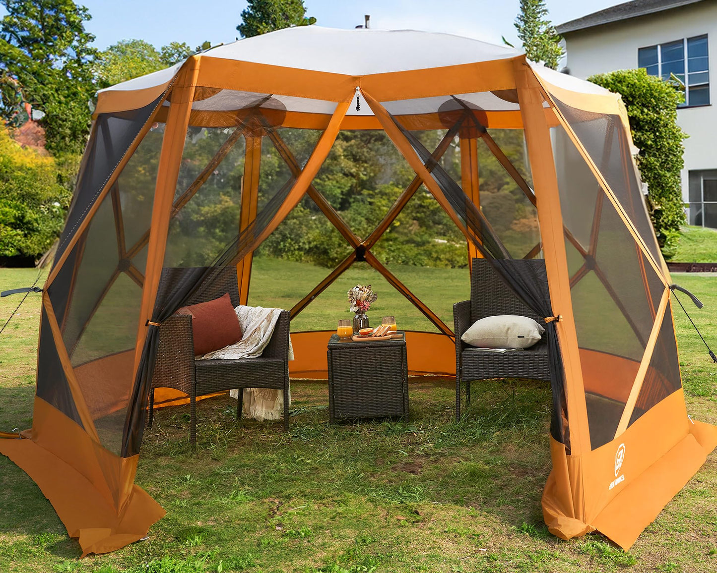 EVER ADVANCED Pop up Gazebo Tent for Backyard, 11.5 x 9.8 ft, Instant Screened Tent Screen House Canopy with Netting, Orange
