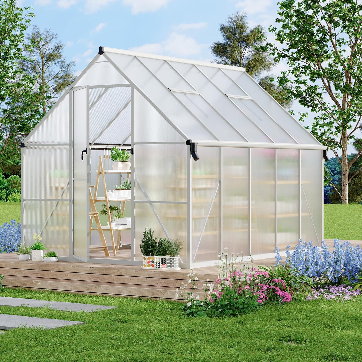 GarveeLife 8X10FT Polycarbonate Greenhouse with Aluminum Frame, Polycarbonate Greenhouse for Outdoors, Greenhouses with Ventilation and Rain Gutter, Aluminum Large Walk-in Greenhouses for Outside