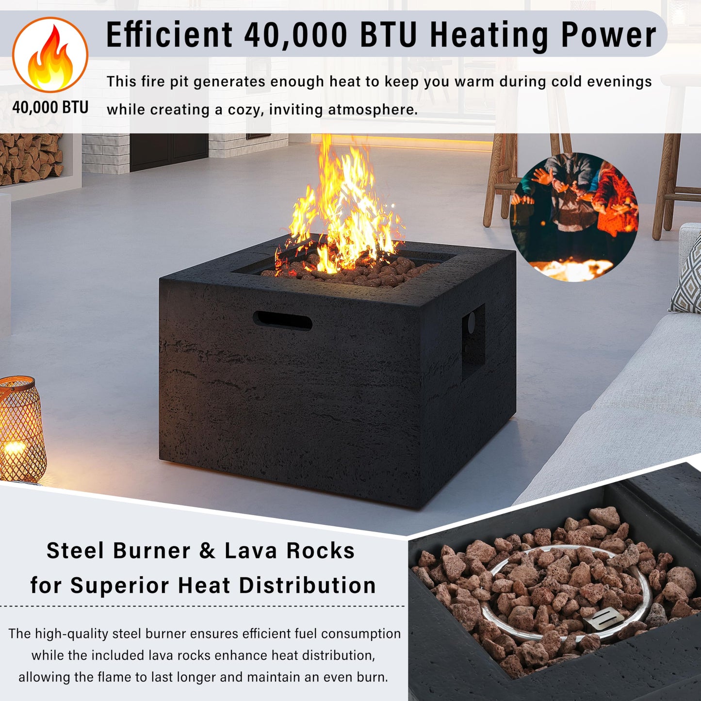 GDFStudio MgO Lightweight Square Propane Fire Pit Table, 40000 BTU Outdoor Propane Fire Pit with Steel Burner, Adjustable Flame Control, Lava Rocks & Rain Cover, Patio Backyard Deck Poolside, Black