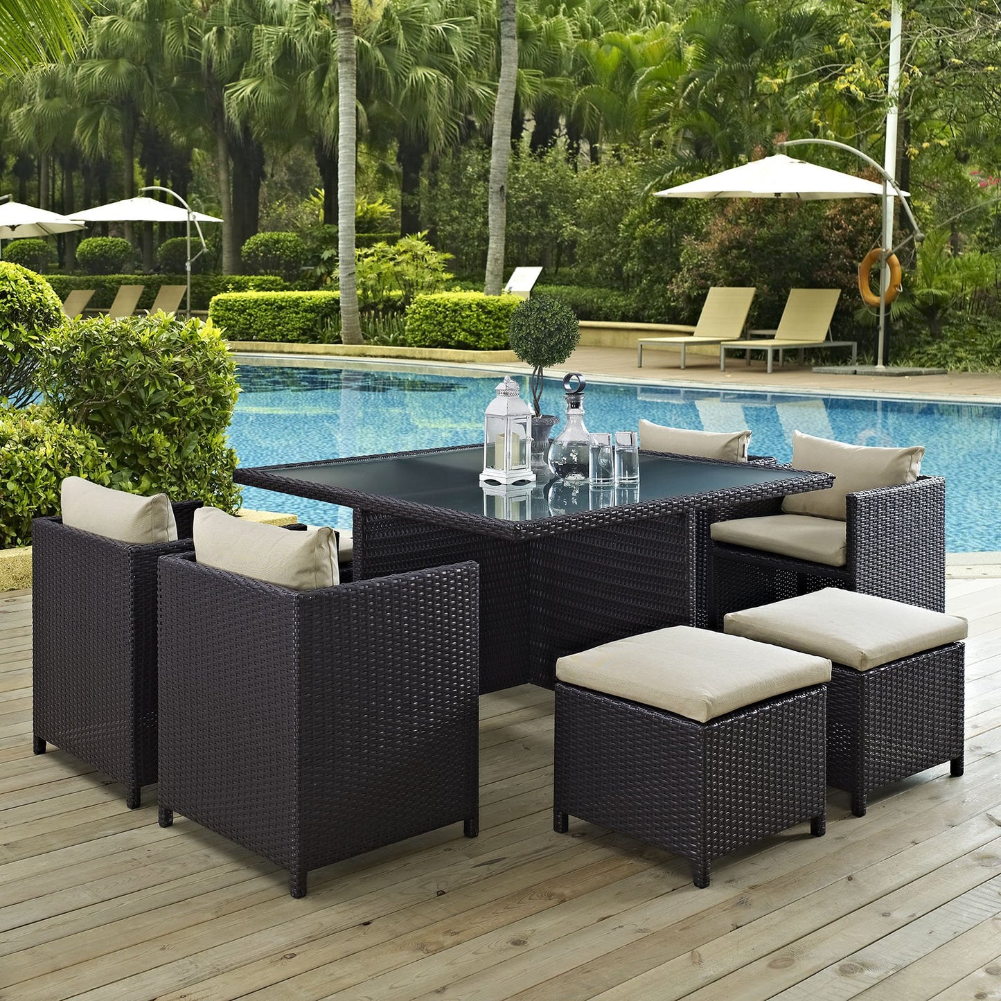 Modway Inverse Wicker Rattan 9-Piece Outdoor Patio Dining Furniture Set in Espresso Beige