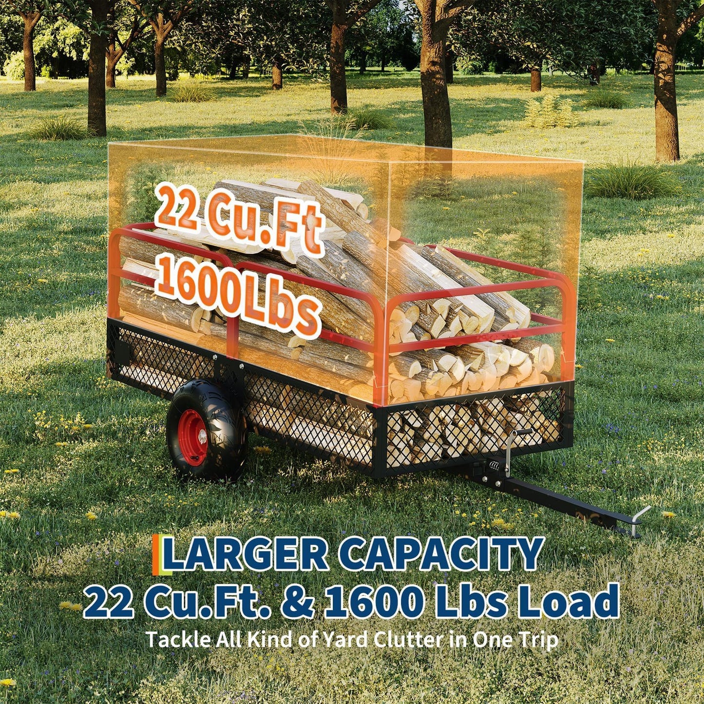 ATV UTV Trailer Tow Behind Dump Cart, 1600 lbs 22 Cubic Feet Heavy Duty Steel Dump Cart, Yard Garden Trailer Pull Behind with Removable Sides & All Terrain Tires, Fits Lawn Mower, Tractor, Garden