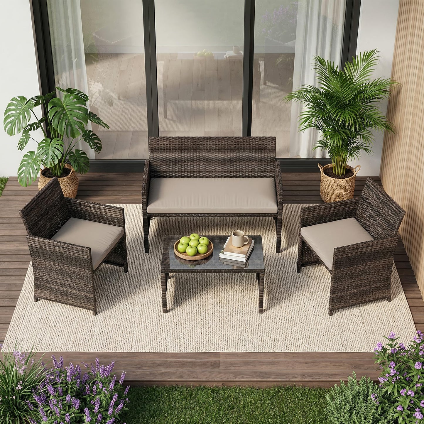 Garvee 4-Piece Patio Furniture Set, PE Rattan Outdoor Conversation Set with Cushions & Tempered Glass Table, All-Weather Wicker Patio Table and Chairs Set for Patio, Porch, Backyard, Brown and Grey