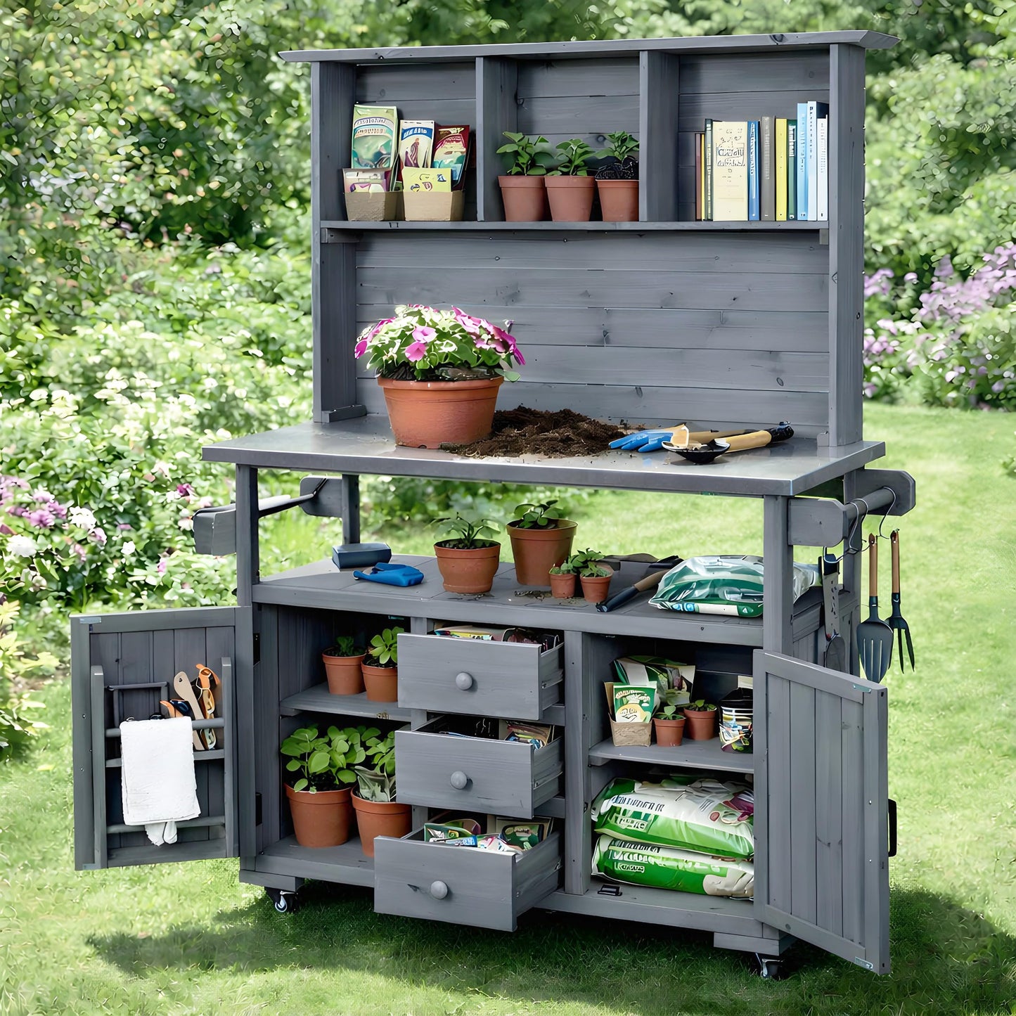 GDFStudio Preden Outdoor Storage Bench Table with Cabinet, Patio Wooden Potting Bench, Garden Storage Work Bench with Stainless Steel Top, Drawers, Cabinets, Shelves and Hooks, Kitchen Island, Gray