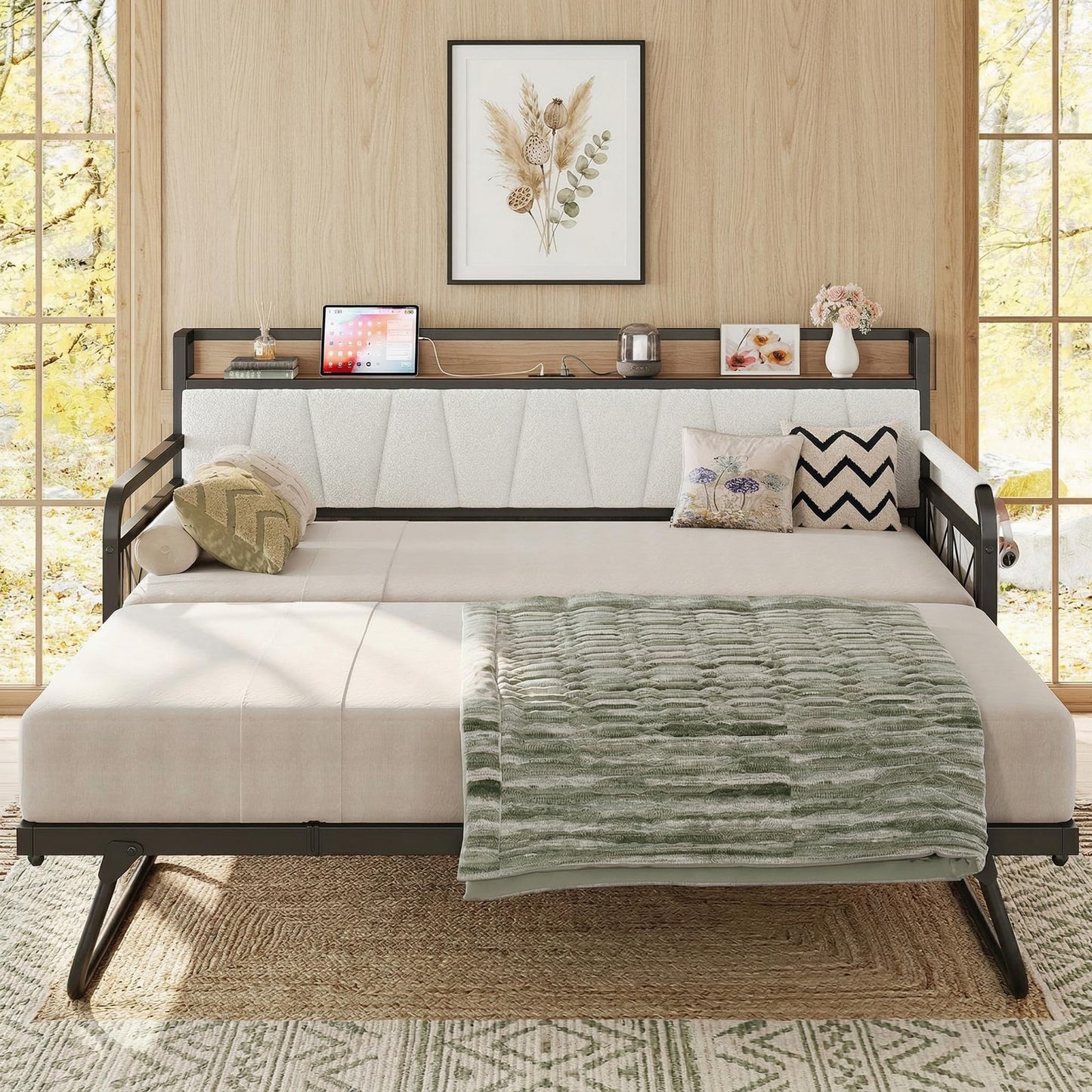 LIKIMIO Twin Daybed, Day Bed with Trundle, Storage Boucle Upholstered Headboard and Charging Station, Trundle Bed with Strong Supports for Living Room, Bedroom, and Guest Room, Cream