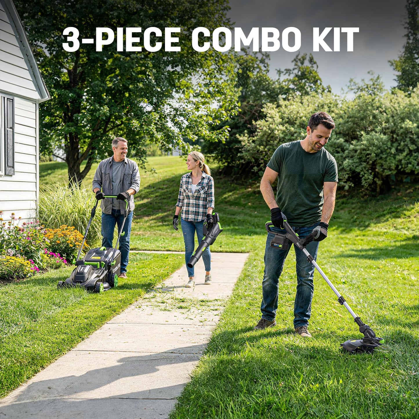 STEELITE 40V (2×20V) Cordless Lawn Care Combo Kit, 17-Inch Electric Lawn Mower, 12 Inch Weed Wacker & 500CFM Leaf Blower, Equipped with 3×4.0Ah Batteries and Dual Chargers
