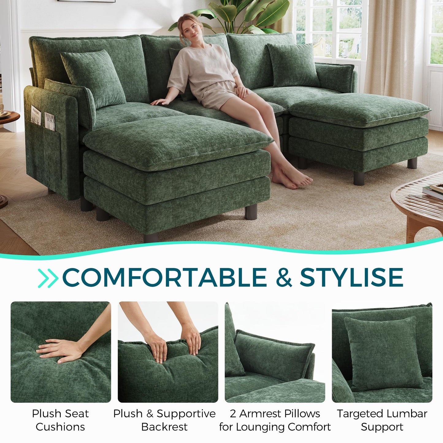 LINSY HOME 98'' Modular Sectional Sofa 3 Seat Couch Chenille Cloud Couch with Deep Seat, U Shaped Couch with 2 Movable Ottoman for Living Room, Office, Bedroom, Green(Pillows Included)