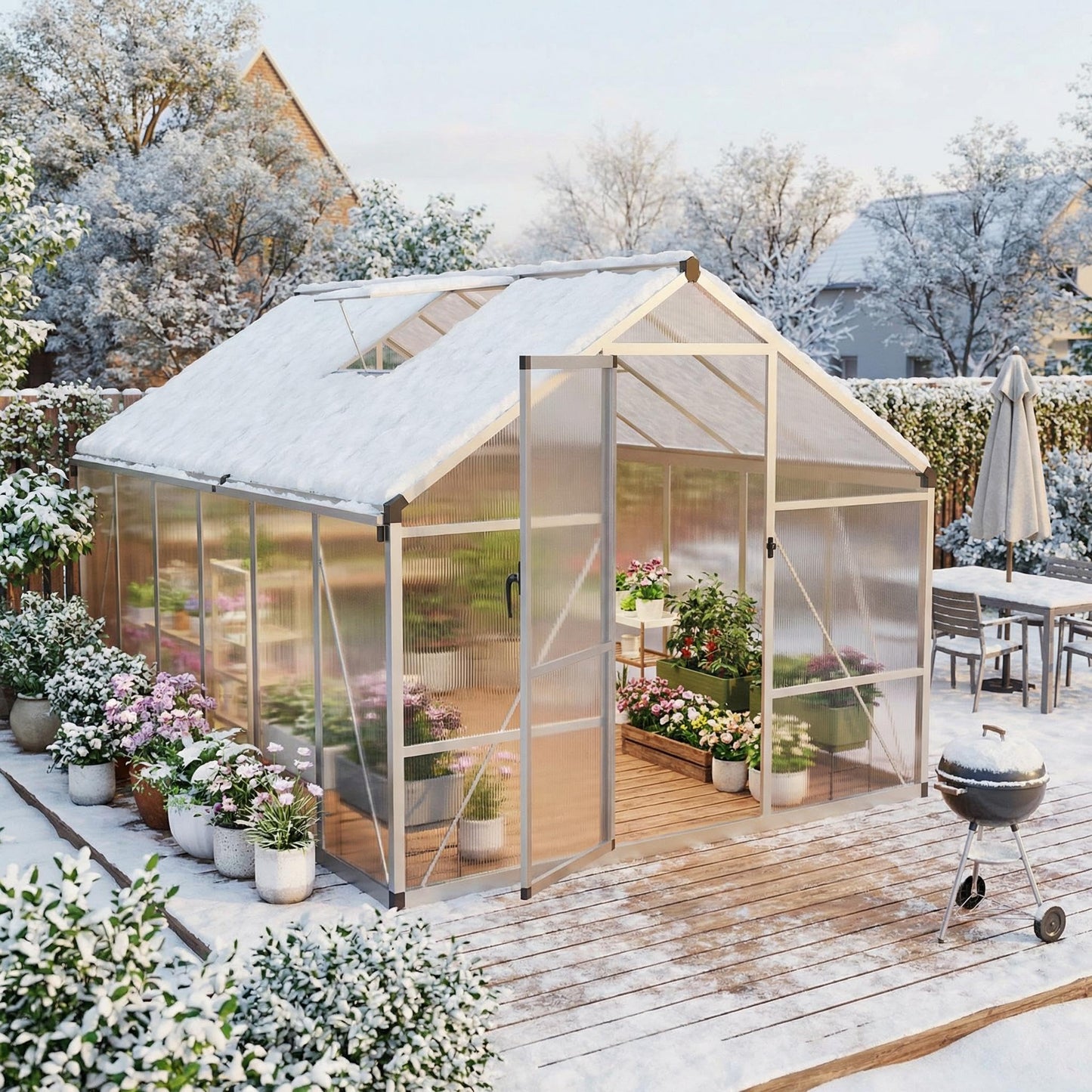 8x12 ft Greenhouse, Polycarbonate Walk-in Greenhouse for Outside with Lockable Outward-Opening Swing Door & Roof Vent, Heavy-Duty Aluminum Green House for Garden, Backyard, Patio, Lawn, Sliver