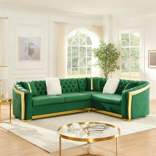 KEIKI 106" L-Shaped Luxury Velvet Chesterfield Sectional Sofa with Gold Stainless Steel Accents and 5 Pillows, Mid-Century Oversized 5-Seater Button Tufted Couch, Easy Assembly, for Living Room, Green