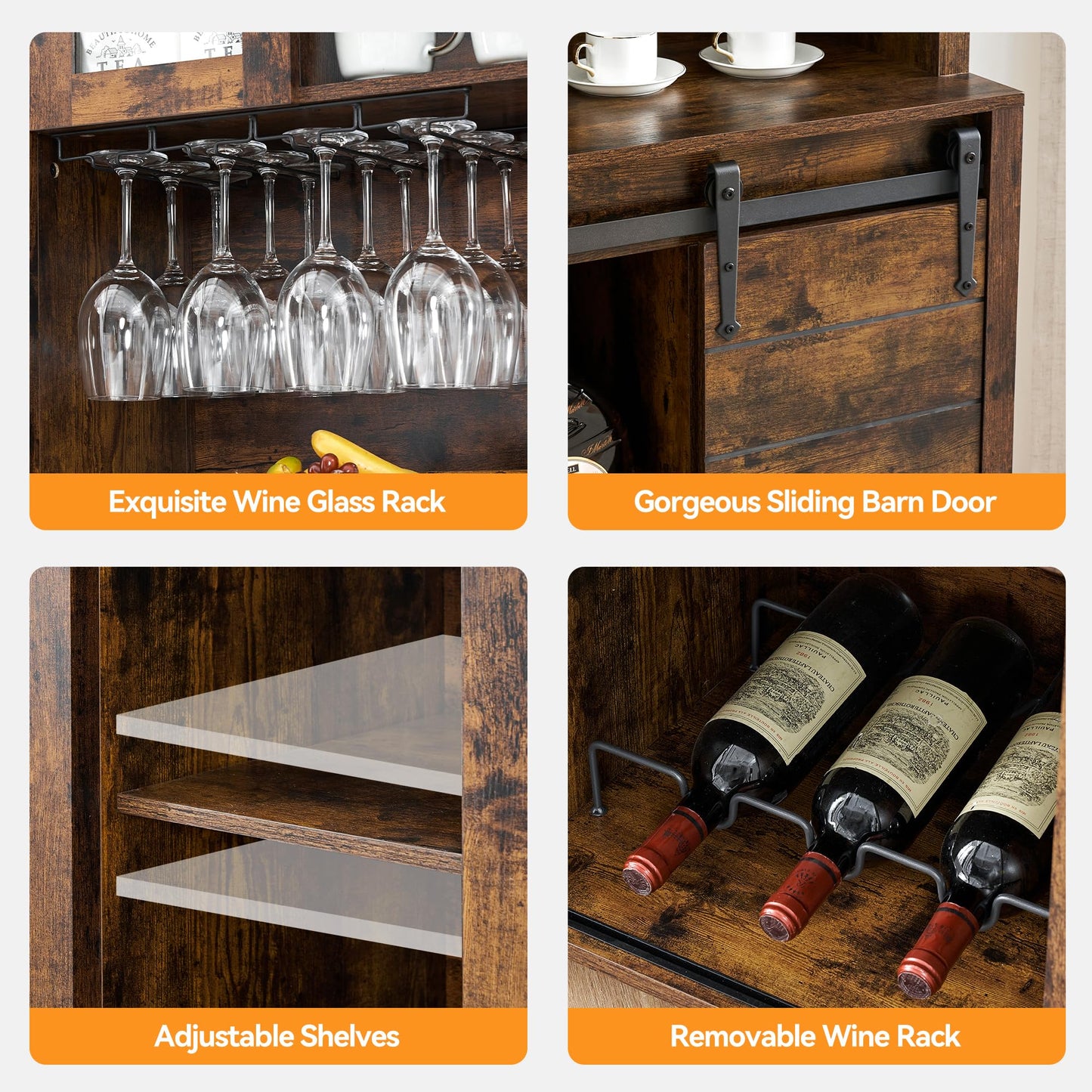 IDEALHOUSE 70'' Wine Coffee Bar Cabinet with Storage Hutch, Tall Kitchen Pantry Liquor Cabinet with Sliding Barn Doors, Bottle Glasses Rack, Farmhouse Buffet for Home Dining Room, Brown