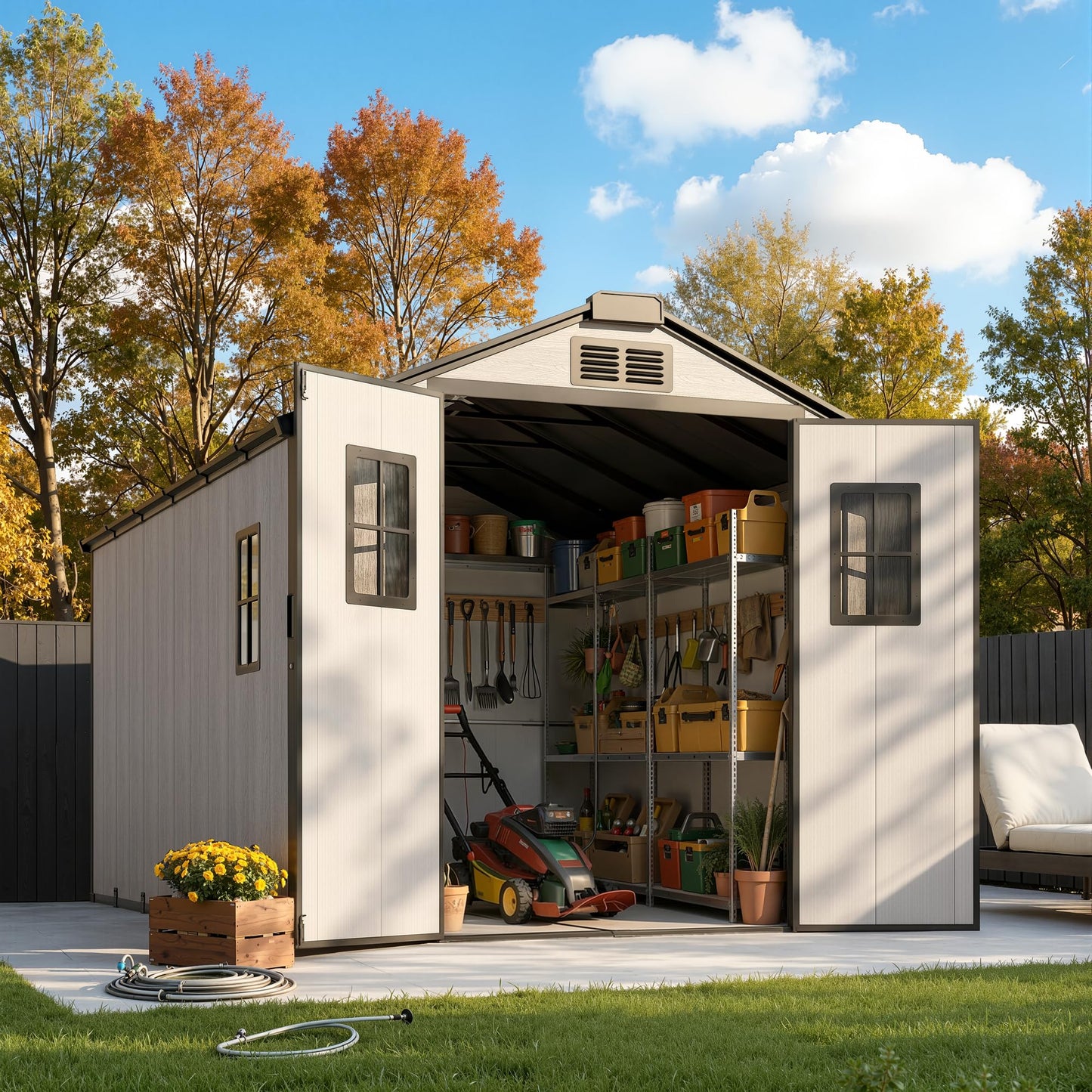 8X12 Large Outdoor Storage Shed with Floor,Waterproof Plastic Resin Garden Tool Shed,Walk in Backyard Utility Shed with Window Lockable Door for Outside Patio Lawn