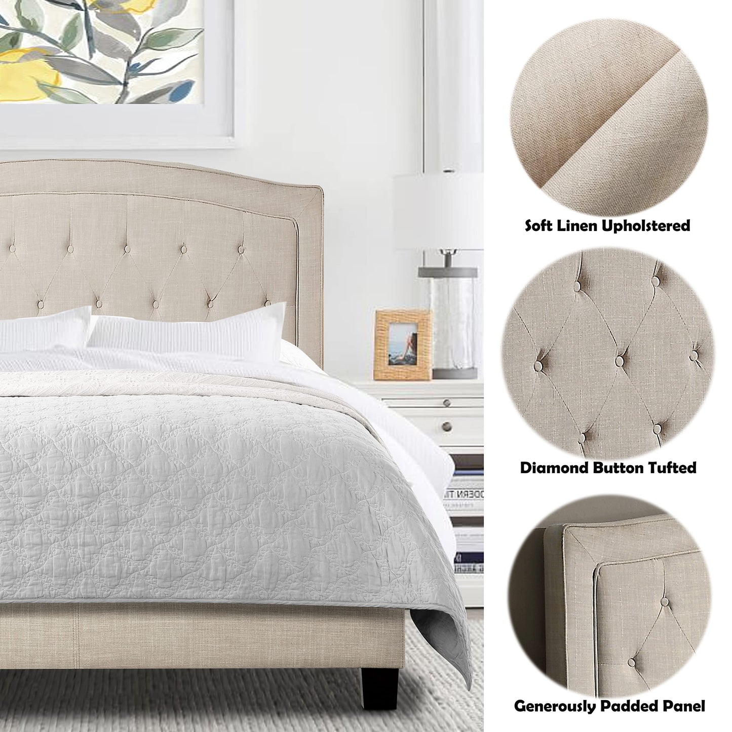 Rosevera Carlisle Panel Bed Frame with Adjustable Button-Tufted Headboard for Bedroom/Linen Upholstered/Wood Slat Support/Easy Assembly,King,Classic Beige